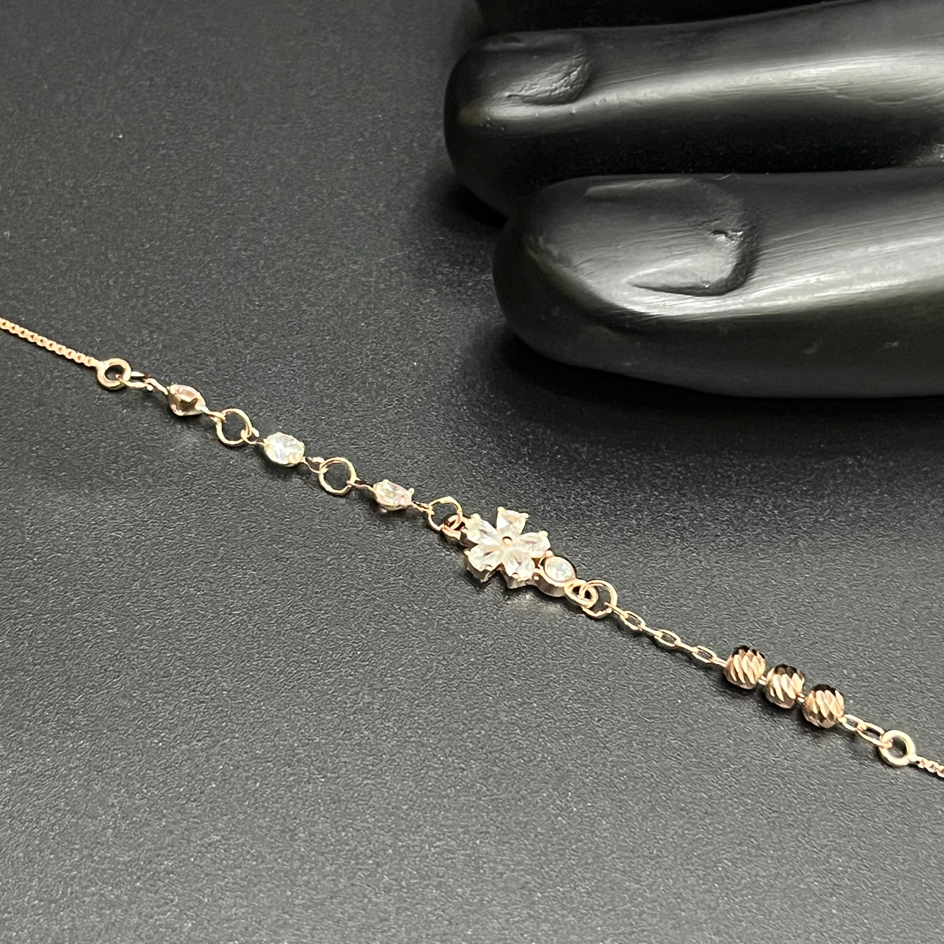 Silver Ladies Anklet Petal Leaf Beeds Crystal Rose Gold 925