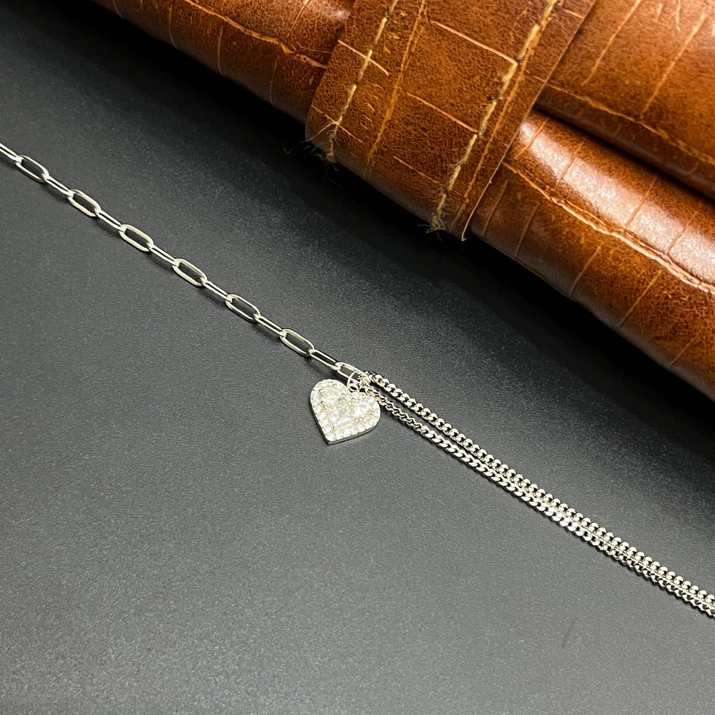 Silver Ladies Bracelet Two Line Heart White Stone 925