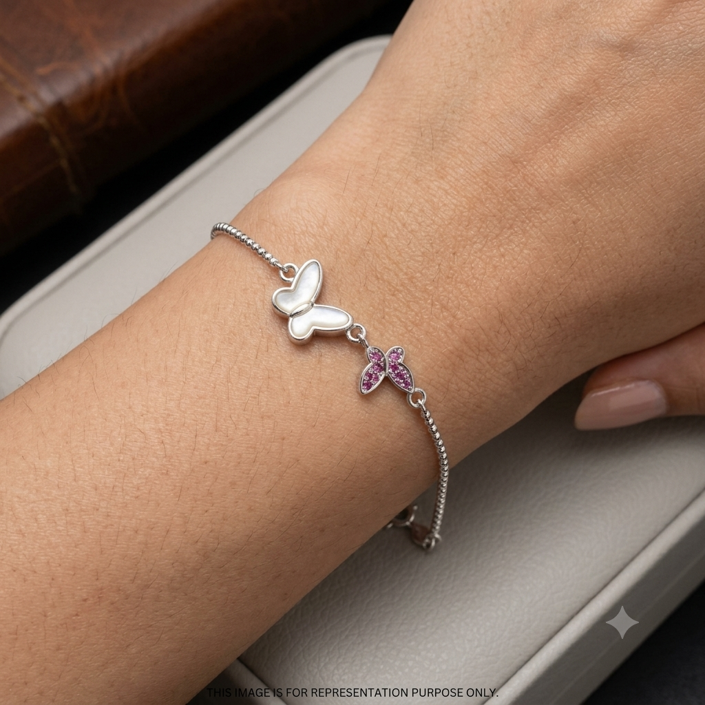 Silver Ladies Bracelet Butterfly Vine Elegance Pink 925