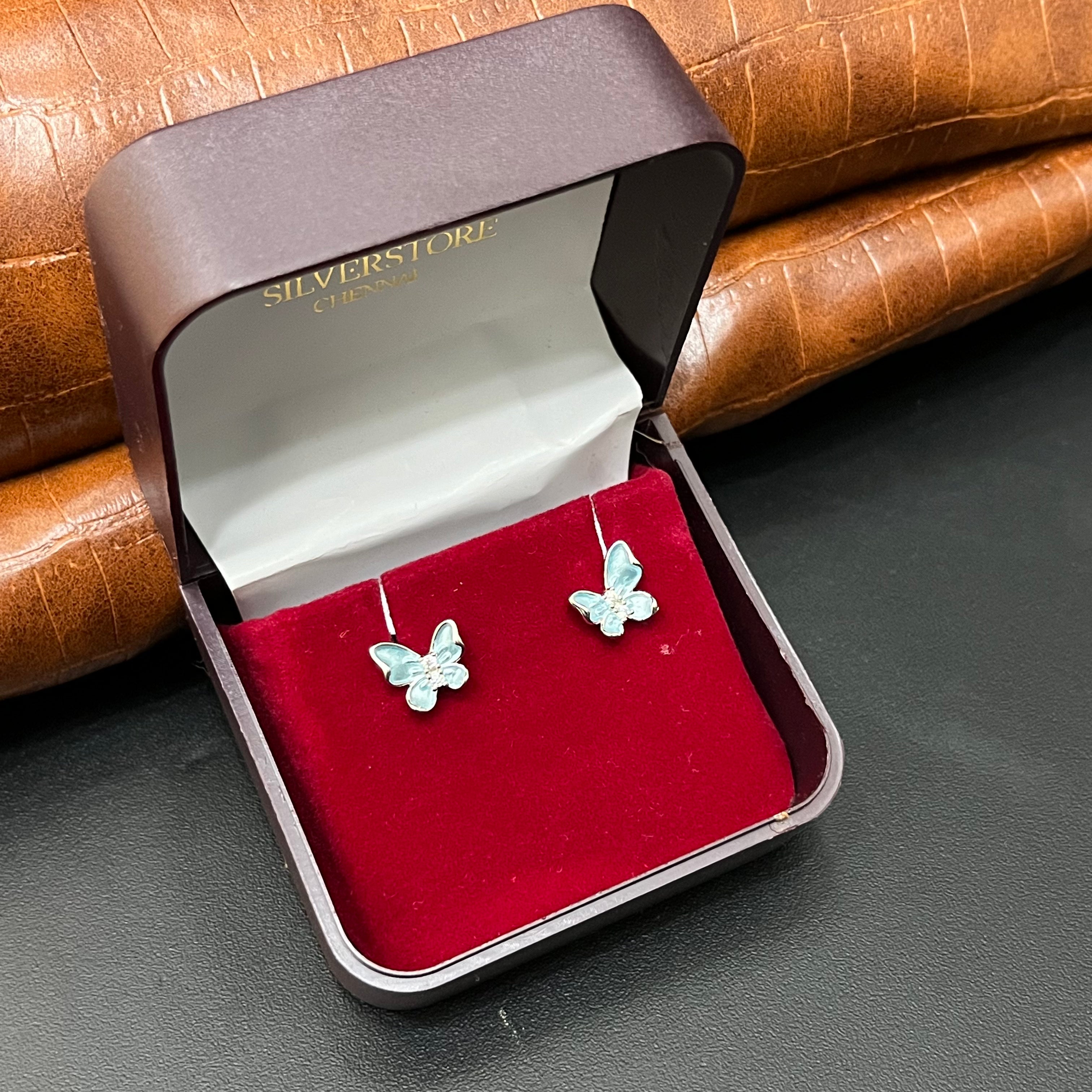 Silver Ladies Stud Butterfly Blue SS 925