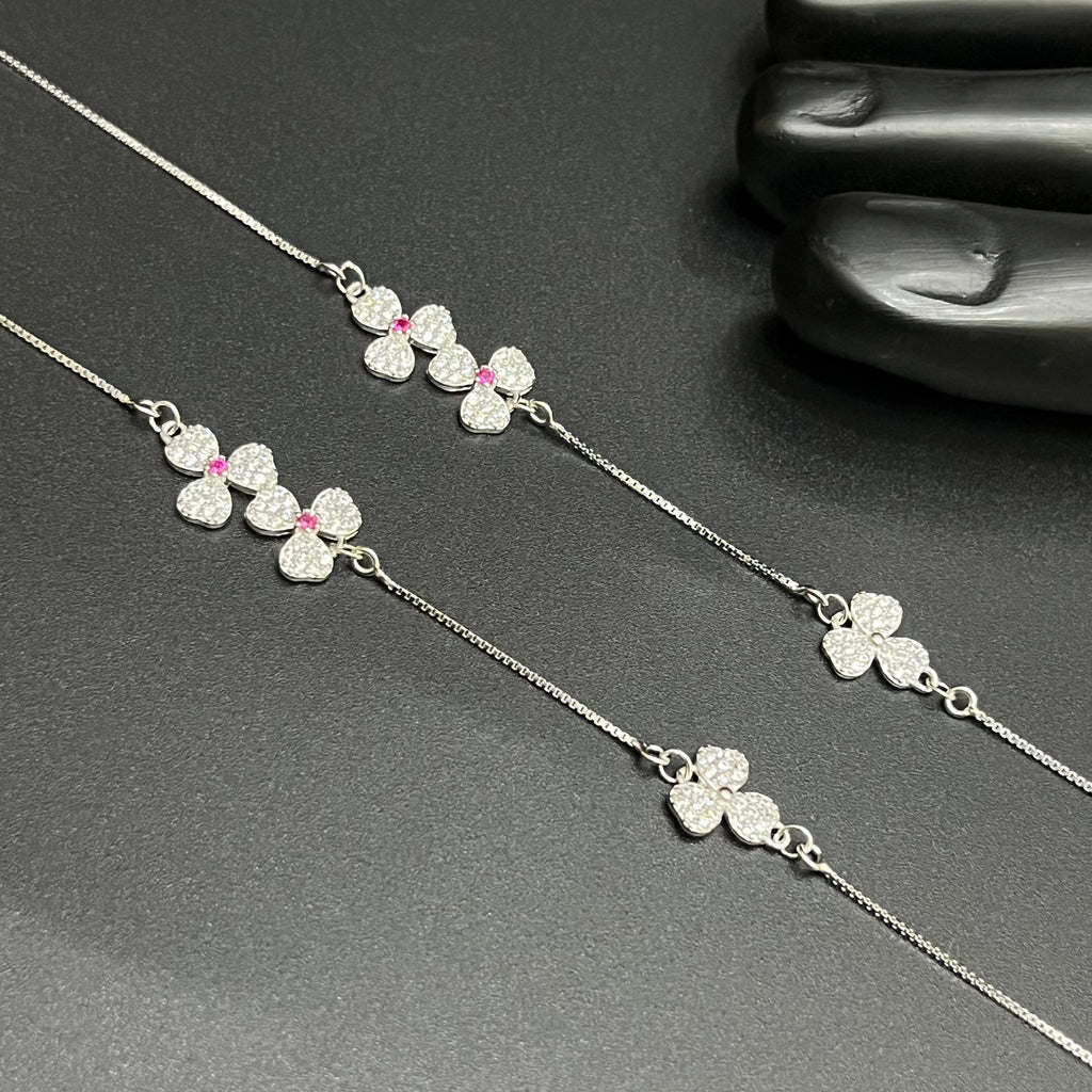 Silver Ladies Anklet Big Petal Pink Stone 925