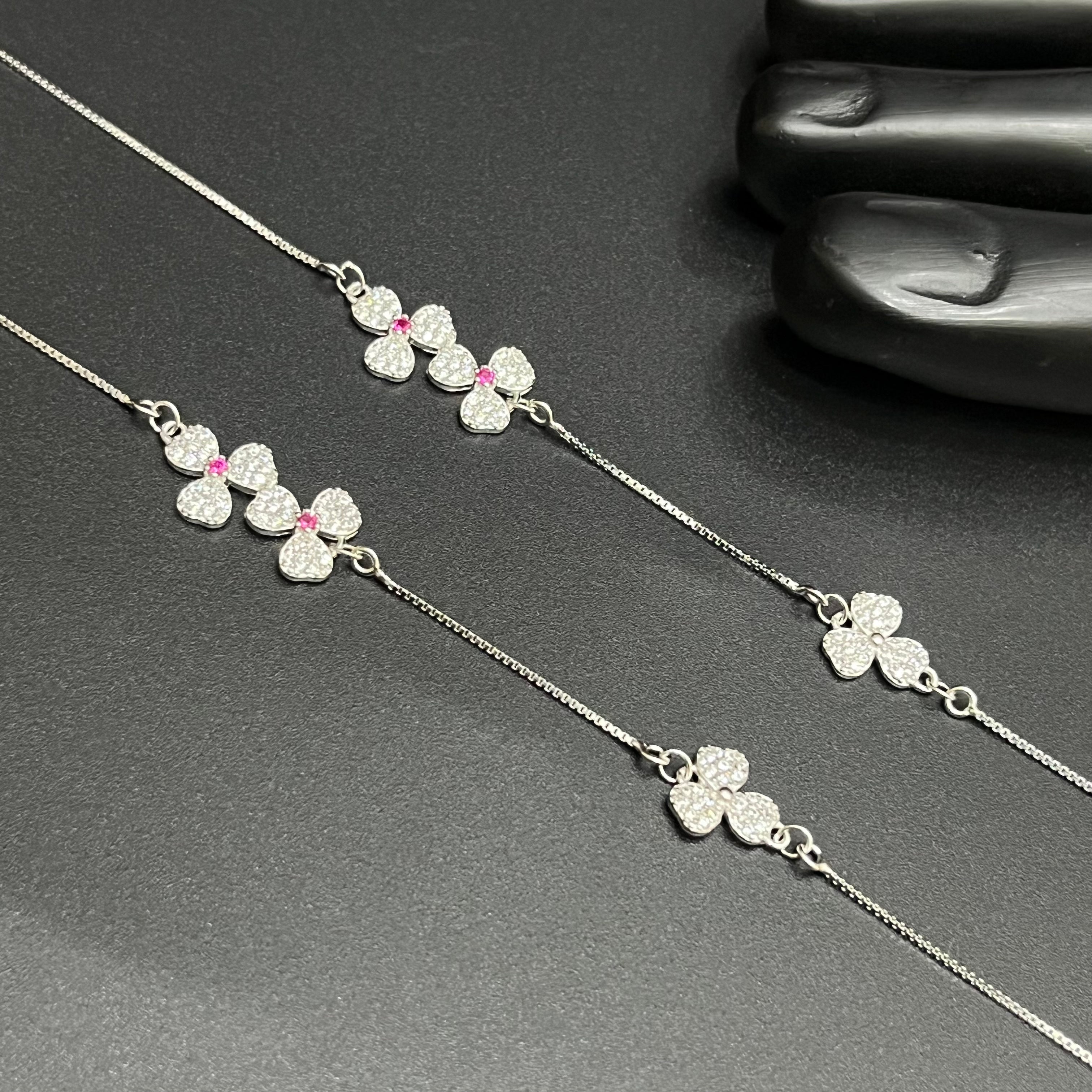 Silver Ladies Anklet Big Petal Pink Stone 925