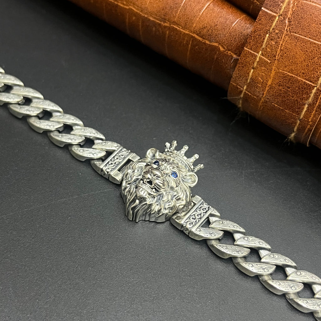 Silver Mens Bracelet Lion Emperor Premium Royal Look Cuban 925