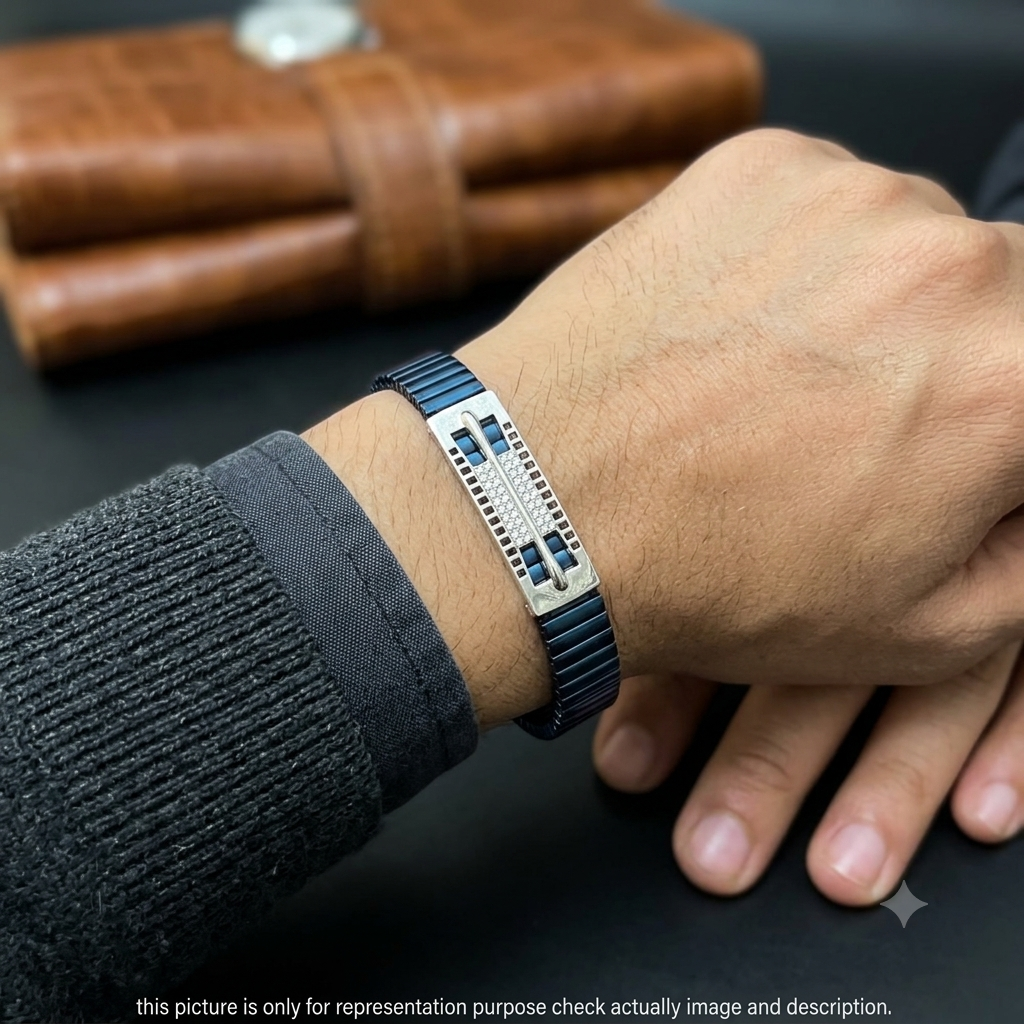 Silver Mens Flexible Bracelet Blue Band ziron 925