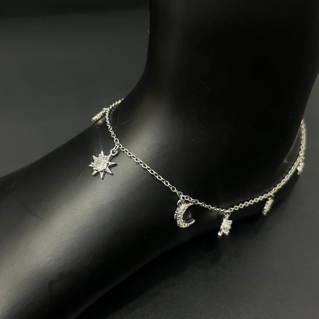Silver Ladies Anklet Moon & Star  Charms