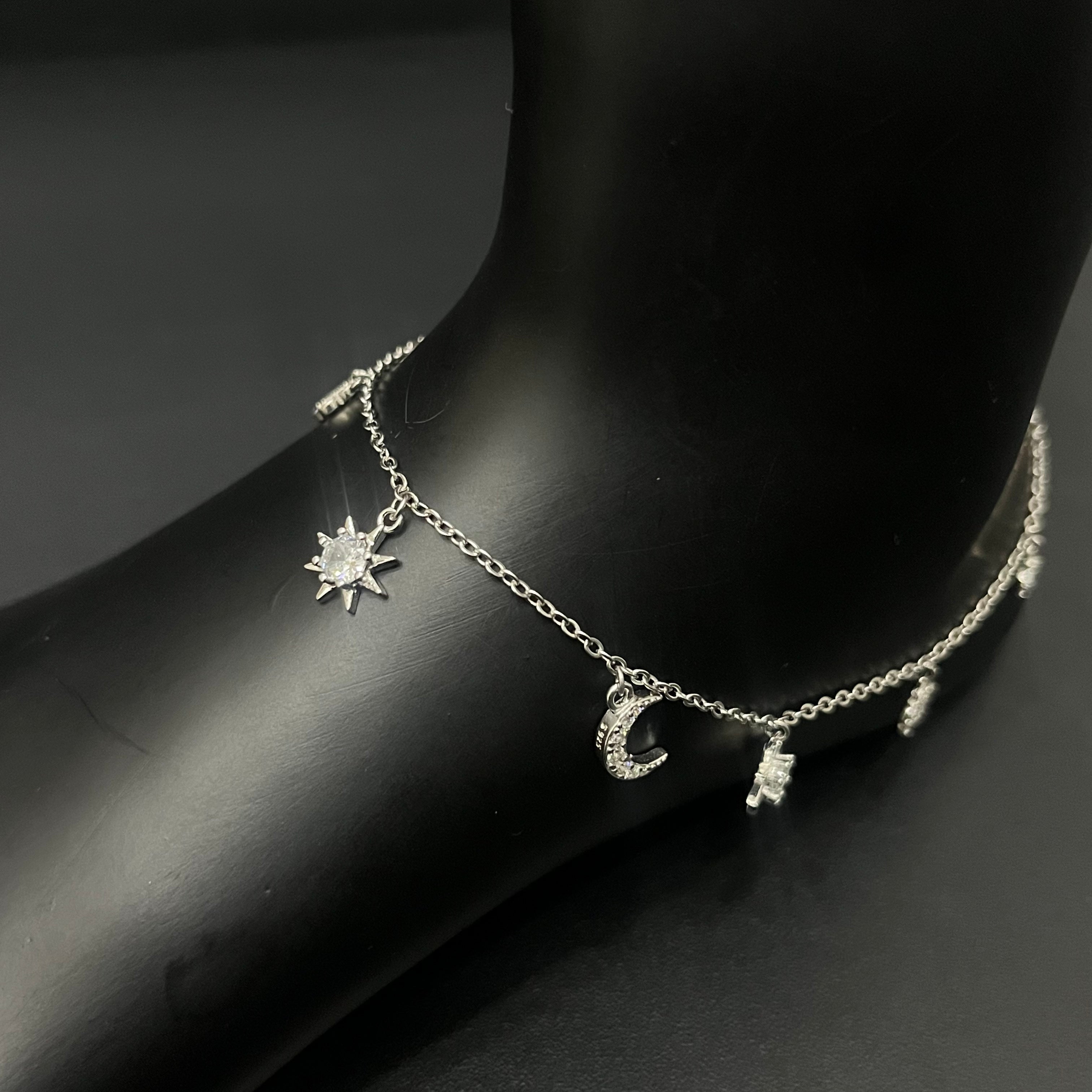 Silver Ladies Anklet Moon & Star  Charms