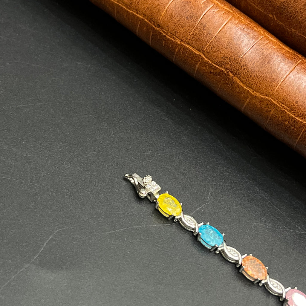 Silver Ladies Bracelet Rainbow Crystal Oval Link M02 925