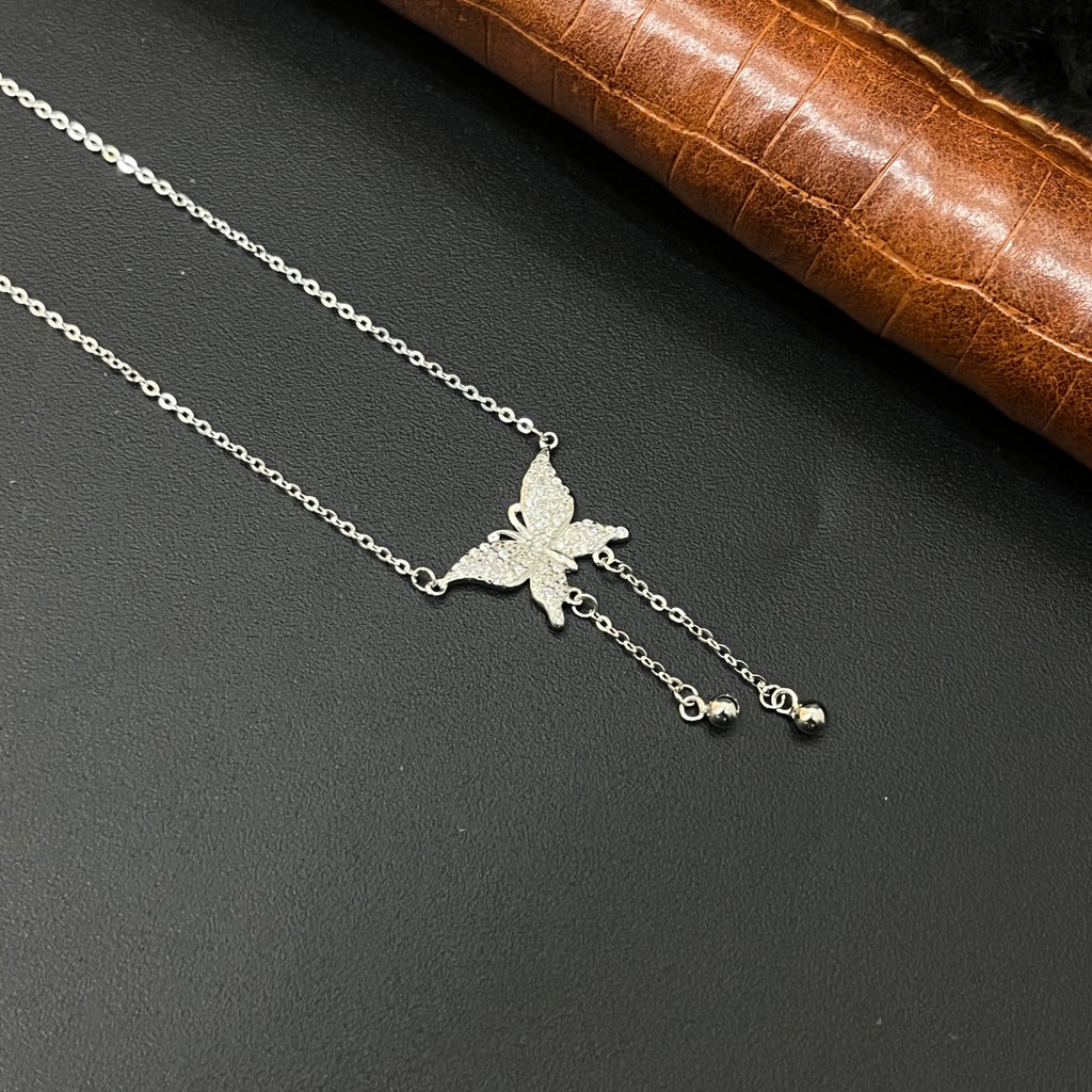 Silver Ladies Chain Butterfly With Pearl Double Hanging