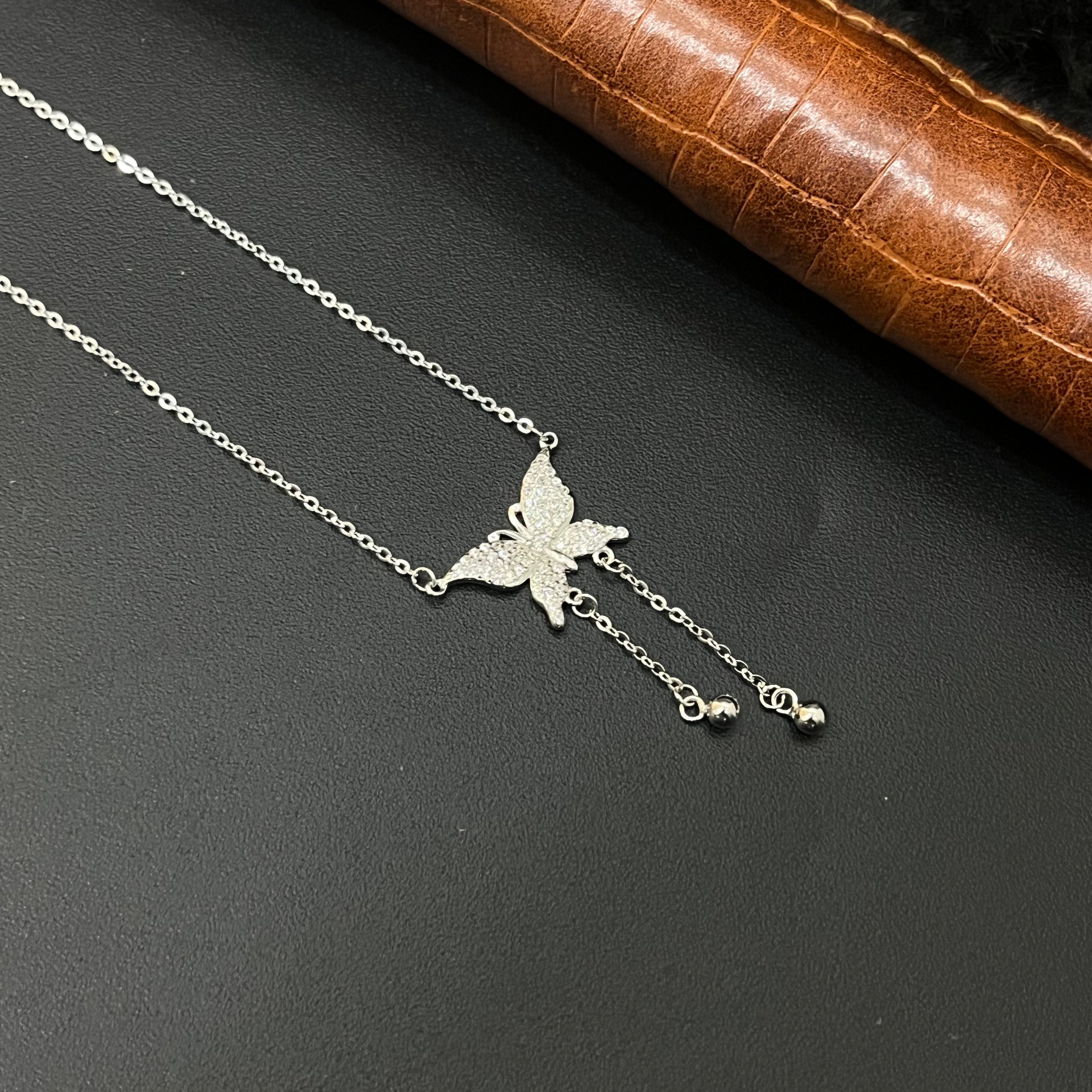 Silver Ladies Chain Butterfly With Pearl Double Hanging