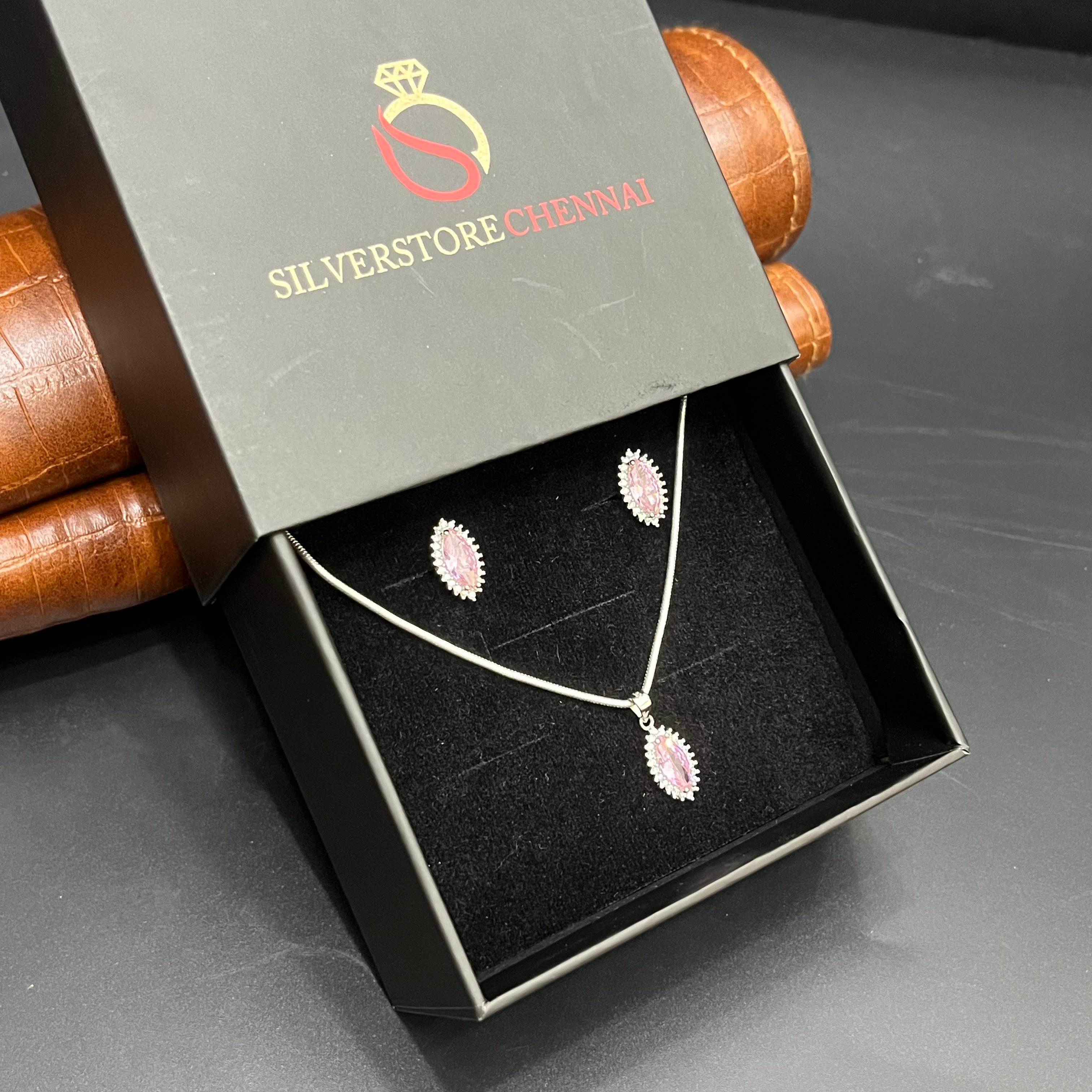 Silver Ladies Pendant Chain Set Pink Crystal Stone 925