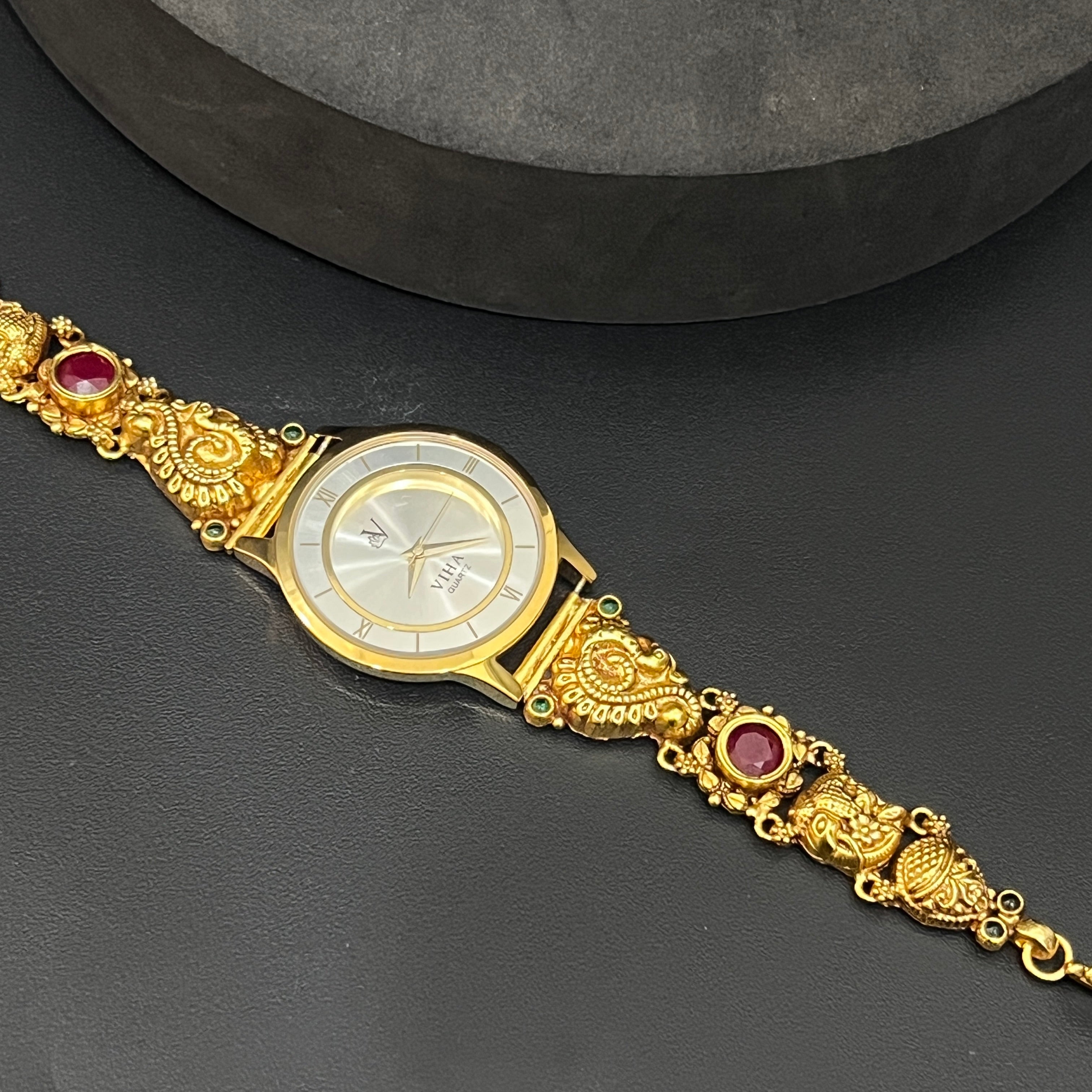 Silver Ladies Watch Antique Lakshmi Ruby Stone Gold Finish925