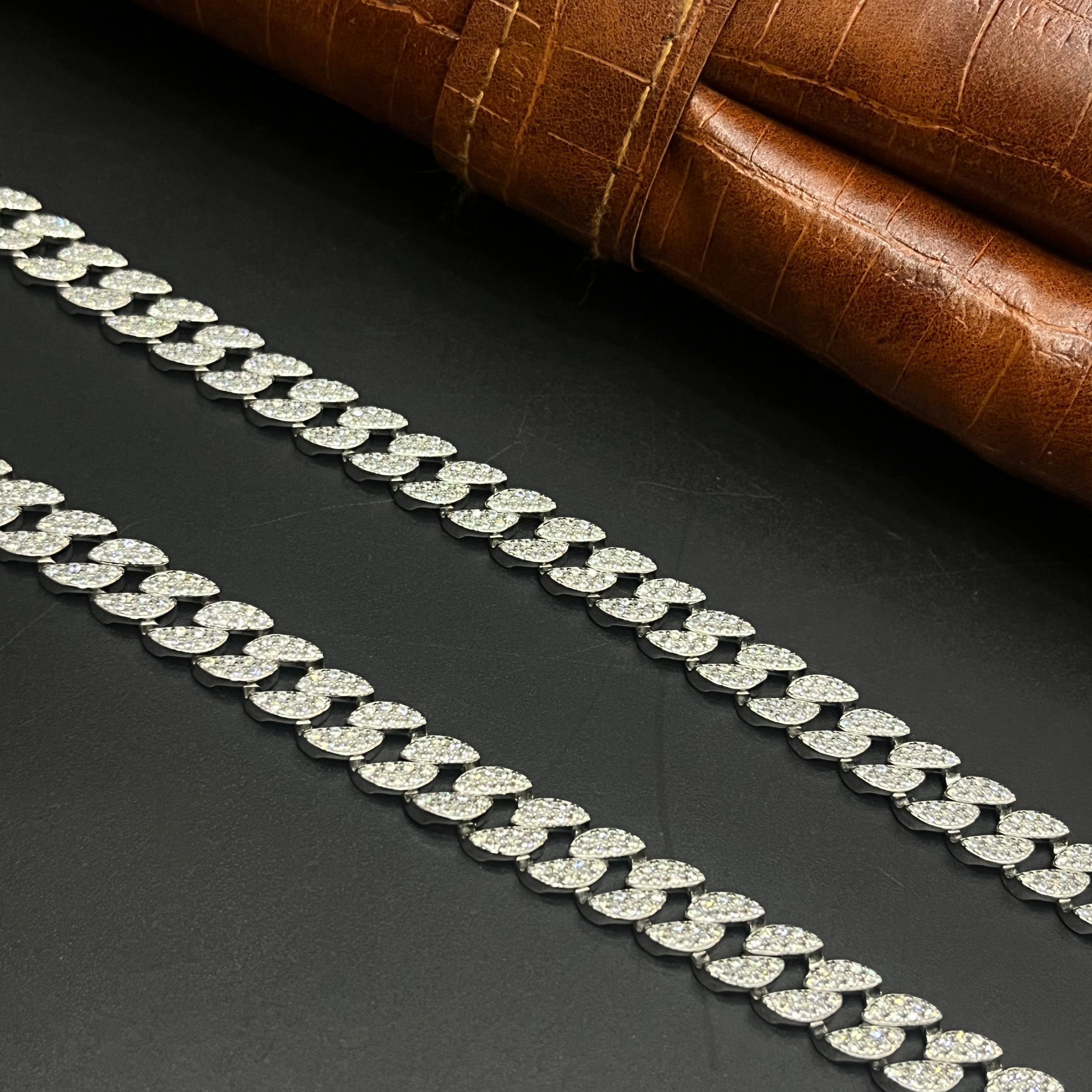 Silver Mens Chain Luxury Cuban Cut Diamond Stones M01 925