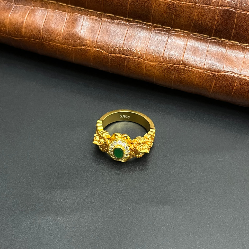 Silver Mens Ring Traditional Antique Emerald Green Ganesha Art M03 925