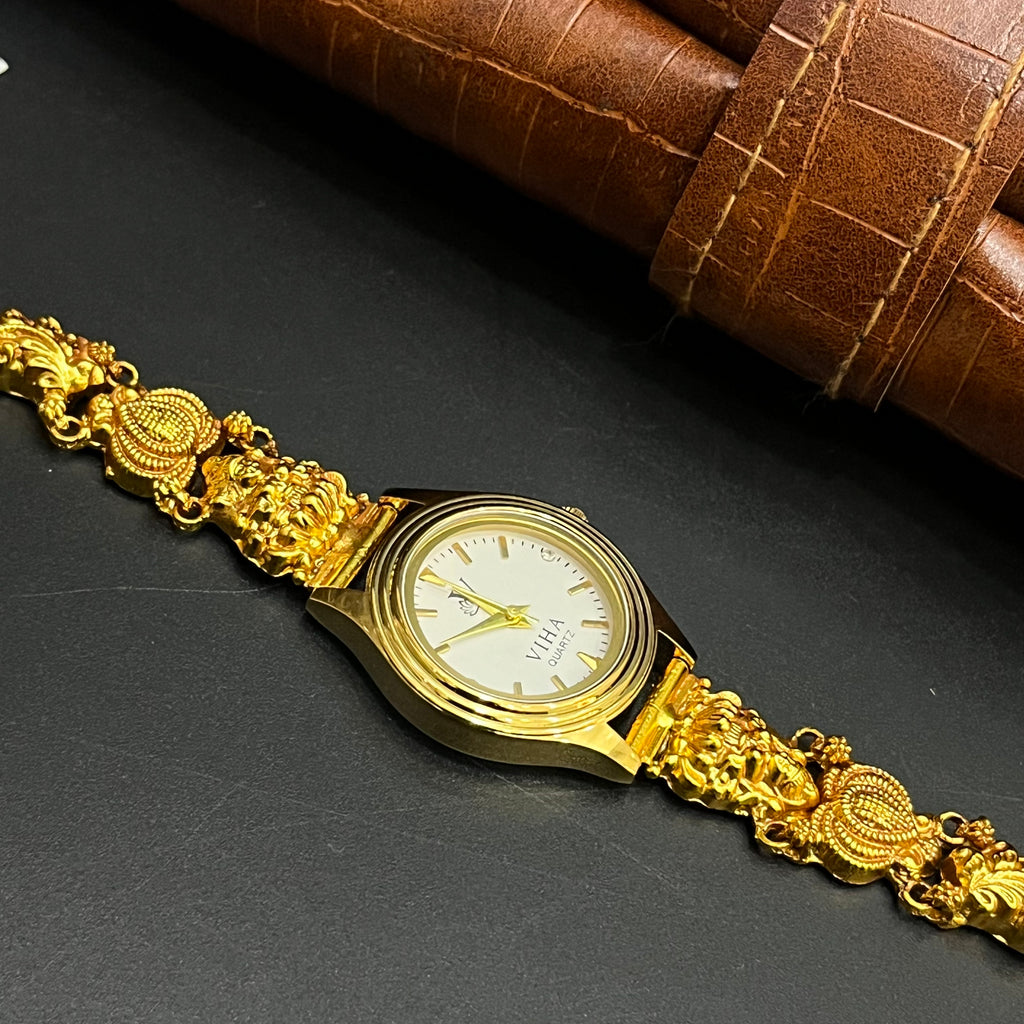 Silver Ladies Watch Antique Crown Lakshmi Art Gold Finish 925