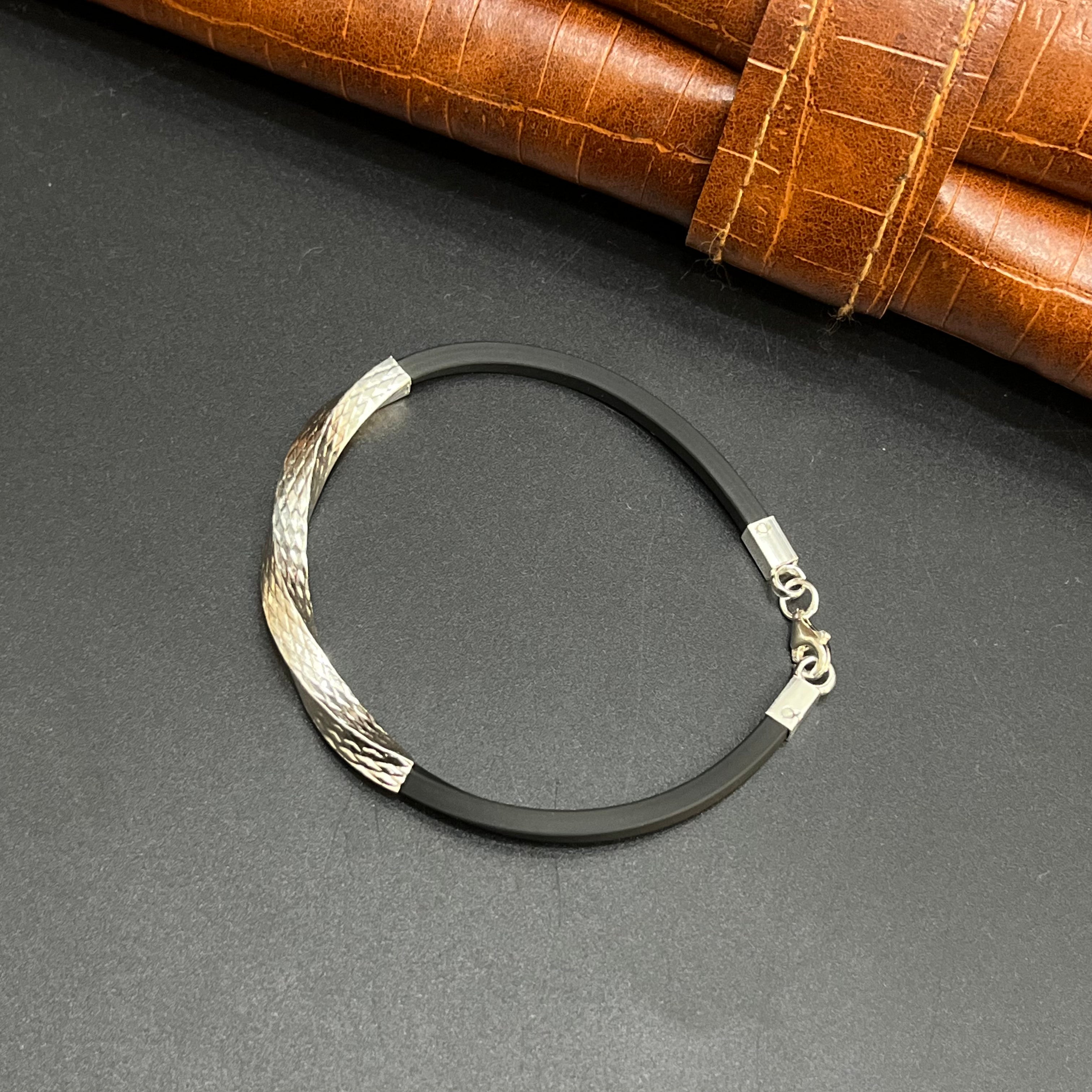 Silver Kids Bracelet Twist Textured Black Band 925