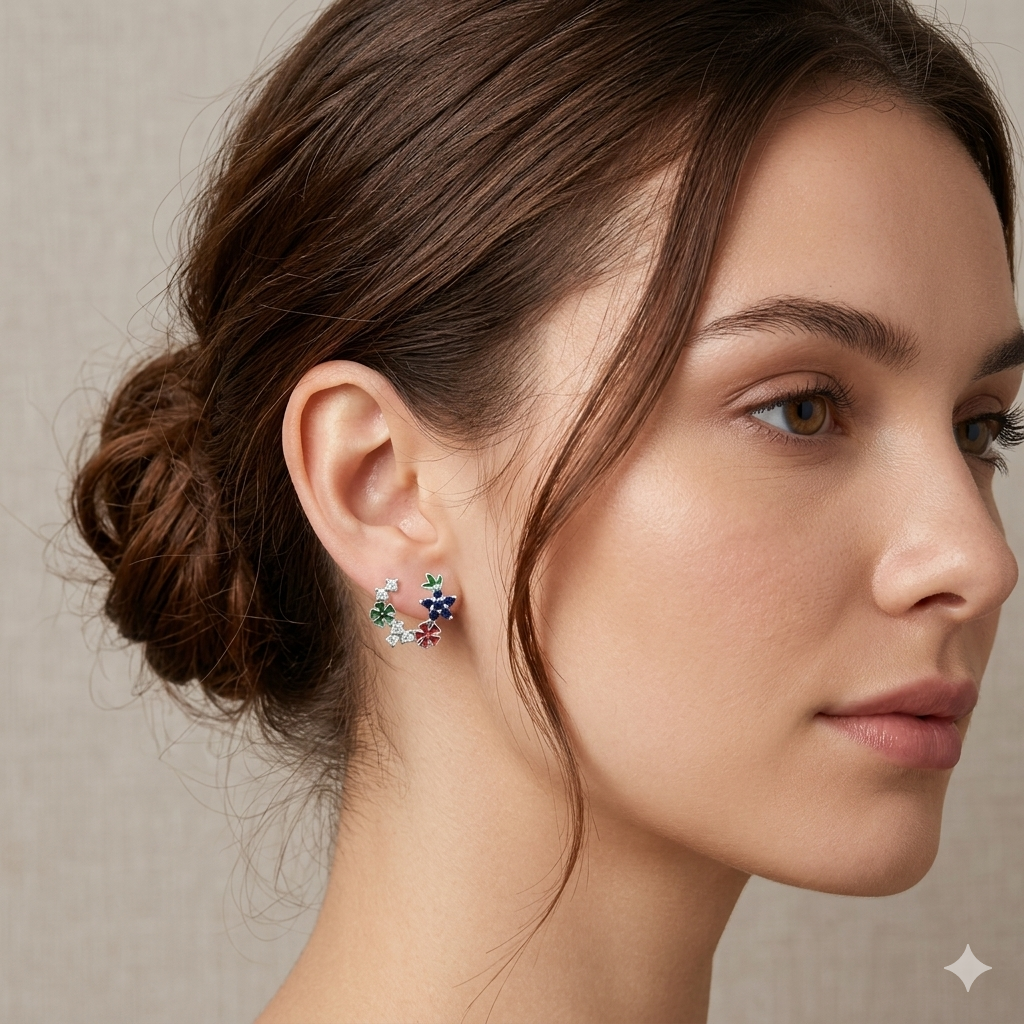 Silver Ladies Stud  Multi Color Rose