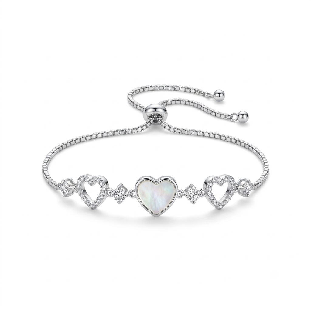 Silver Ladies Bracelet Three Hearts Diamond 1 Link 925