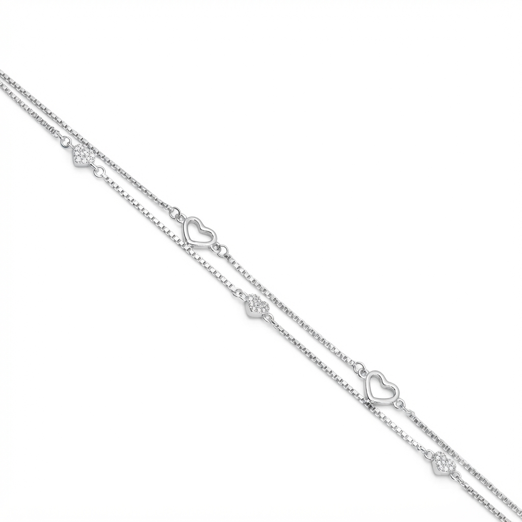 Silver Ladies Bracelet Heart Charm Double Layer 925