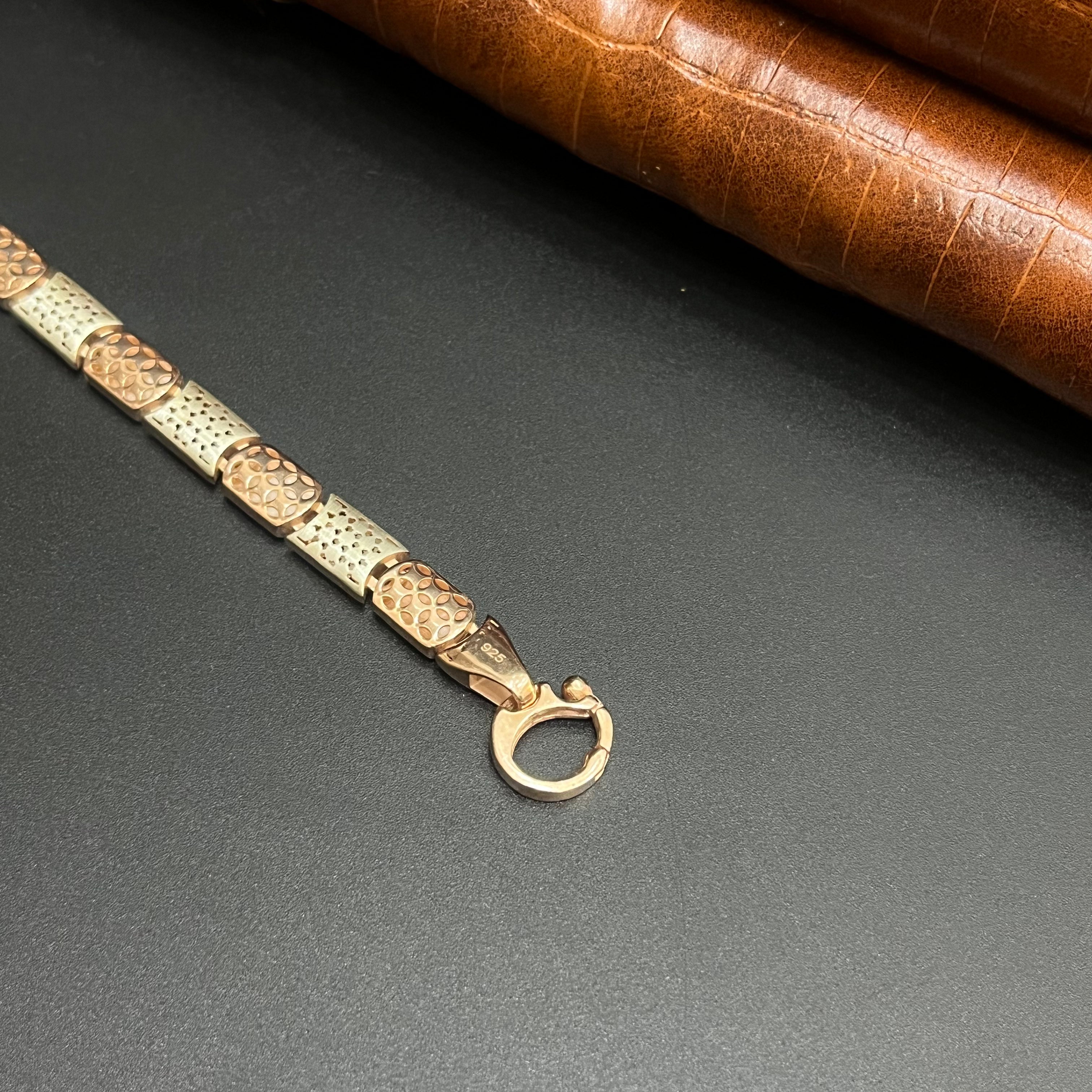 Silver Mens Chain Floral Pattern Luxe Rose Gold 925