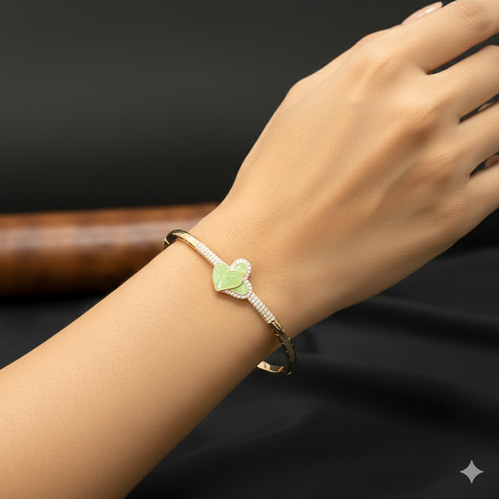 Silver Ladies Kada Heart Green Rosegold