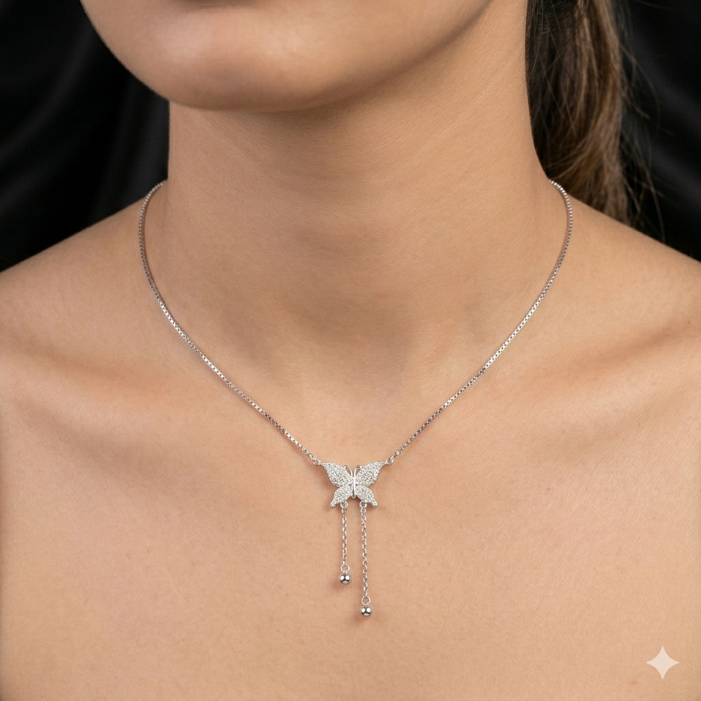 Silver Ladies Chain Butterfly With Pearl Double Hanging