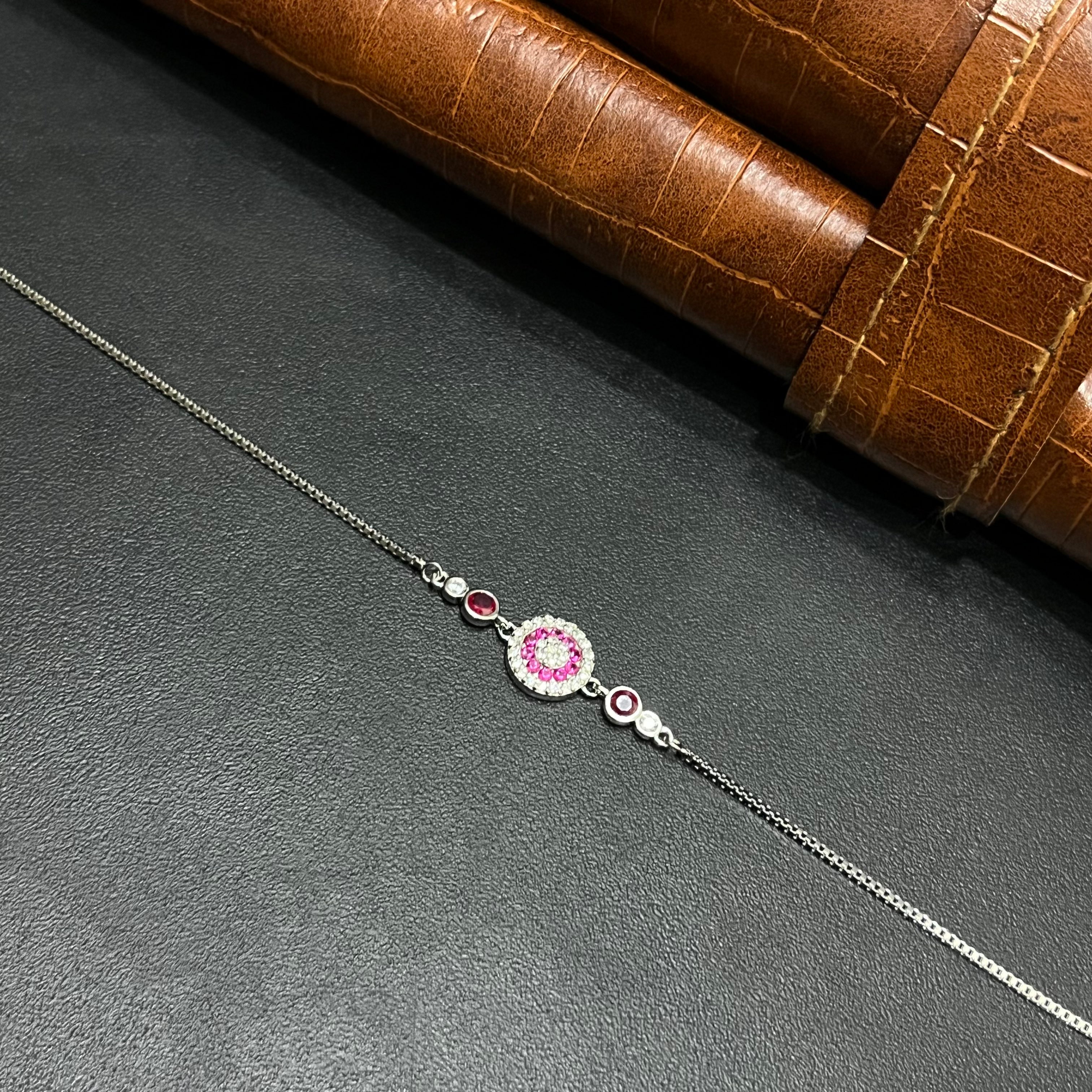 Silver Ladies Bracelet Royal Pink Stone Link 925