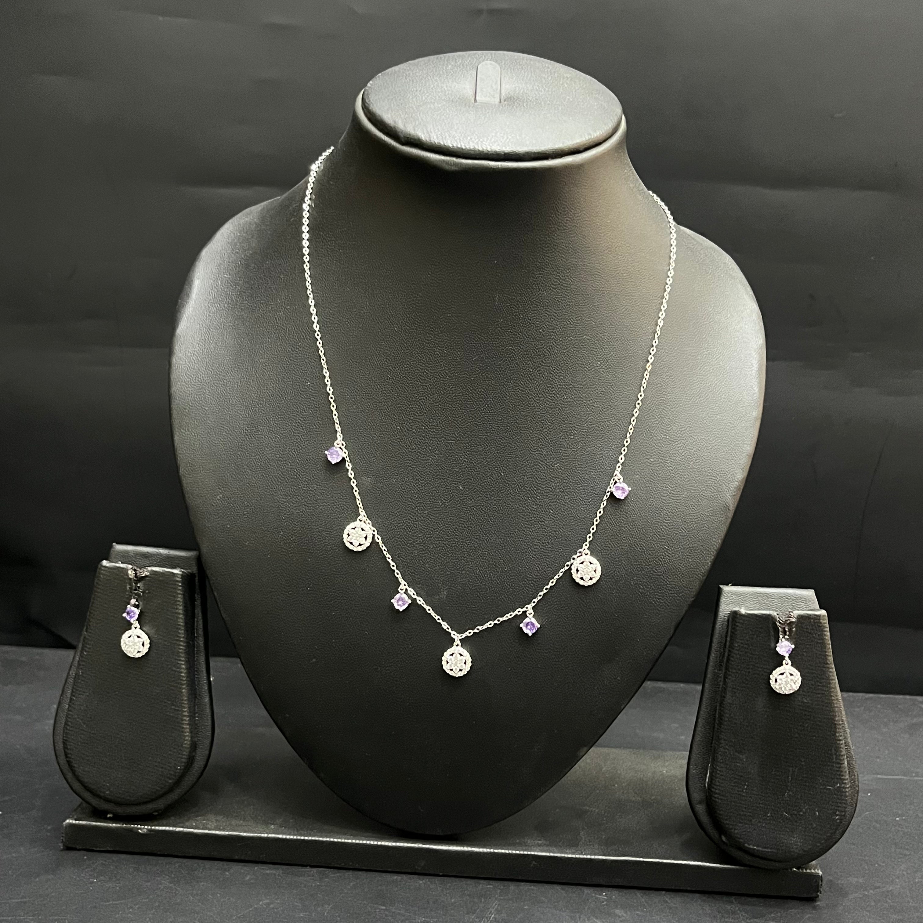 Silver Ladies Pendant Chain Set Purple Crystal Floral Drop 925
