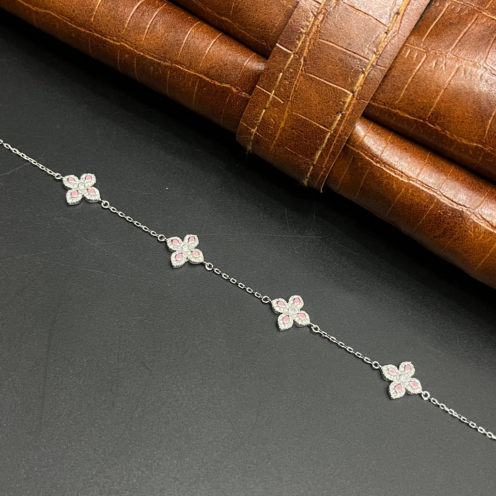 Silver Ladies Bracelet Floral Pink Crystal 925