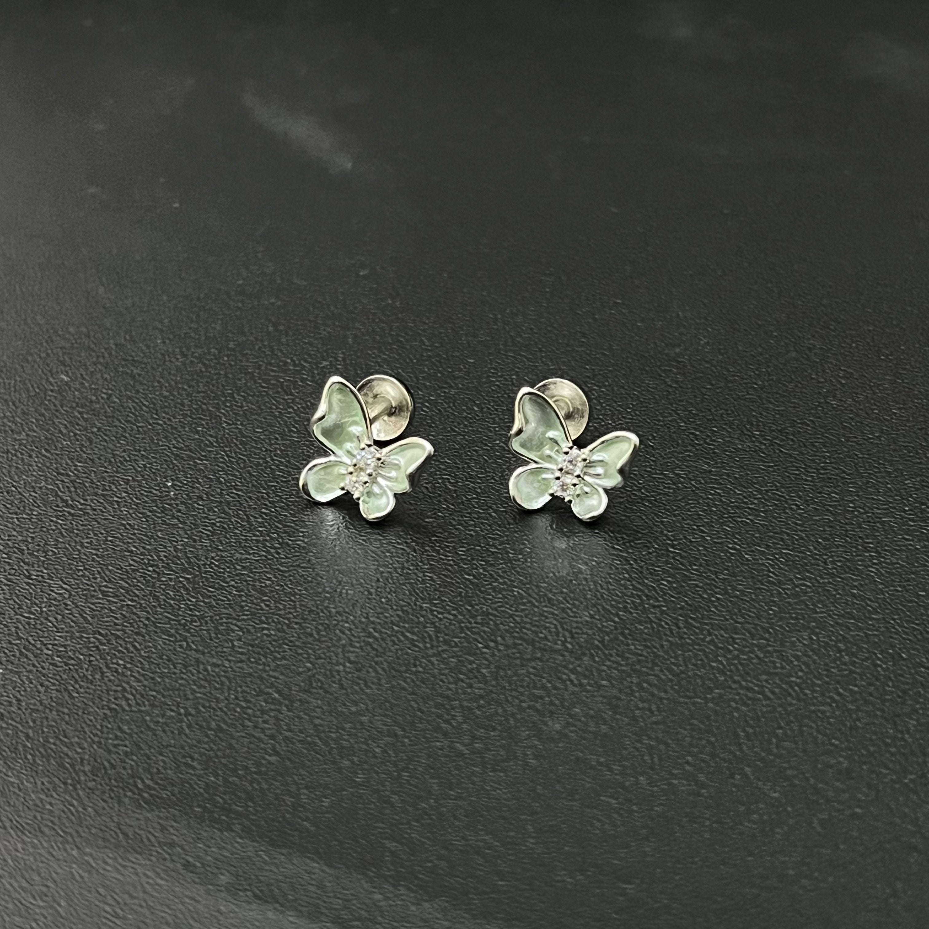 Silver Ladies Stud Butterfly Green SS 925