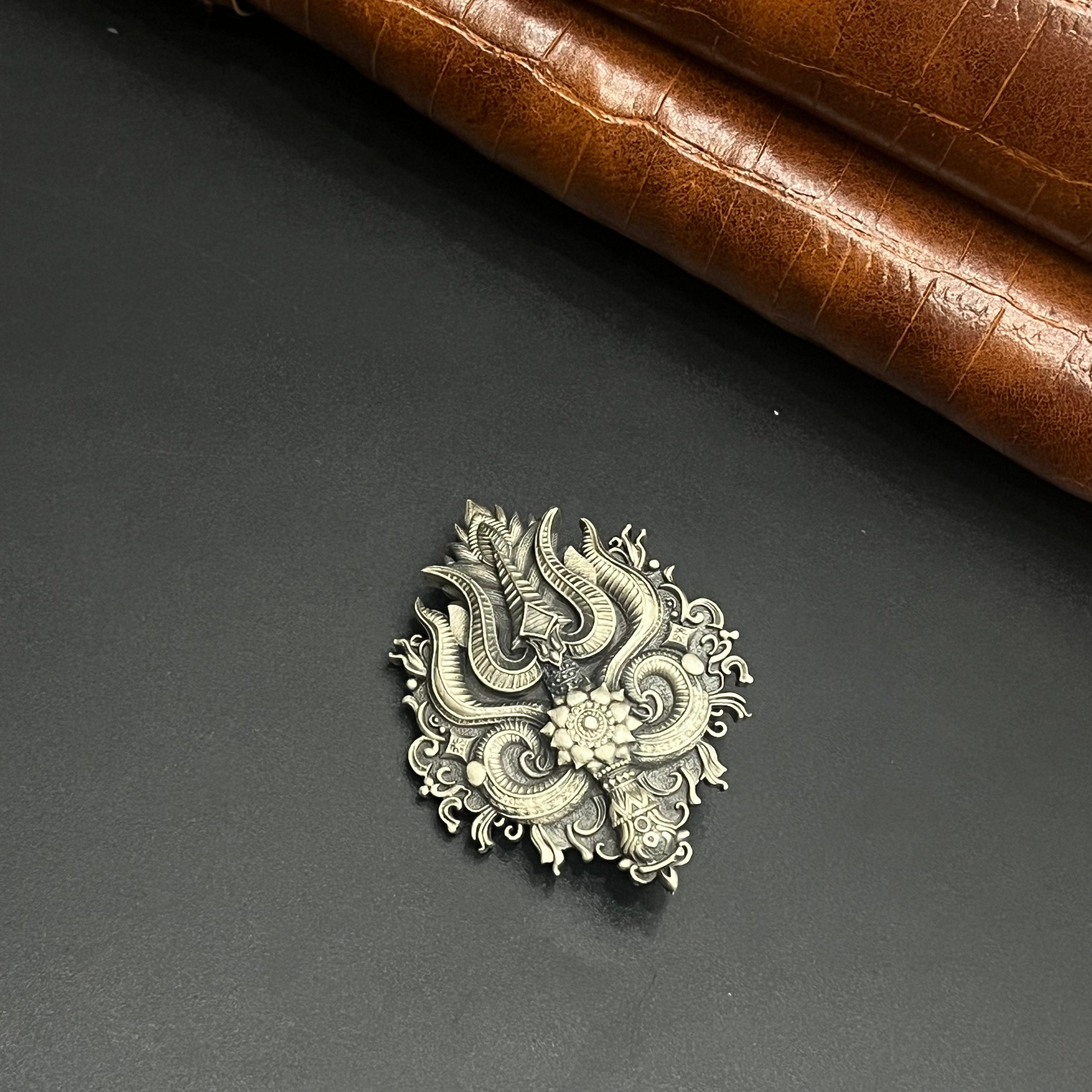 Silver Mens Brooch Antique Trishul Shiv Shakti 925