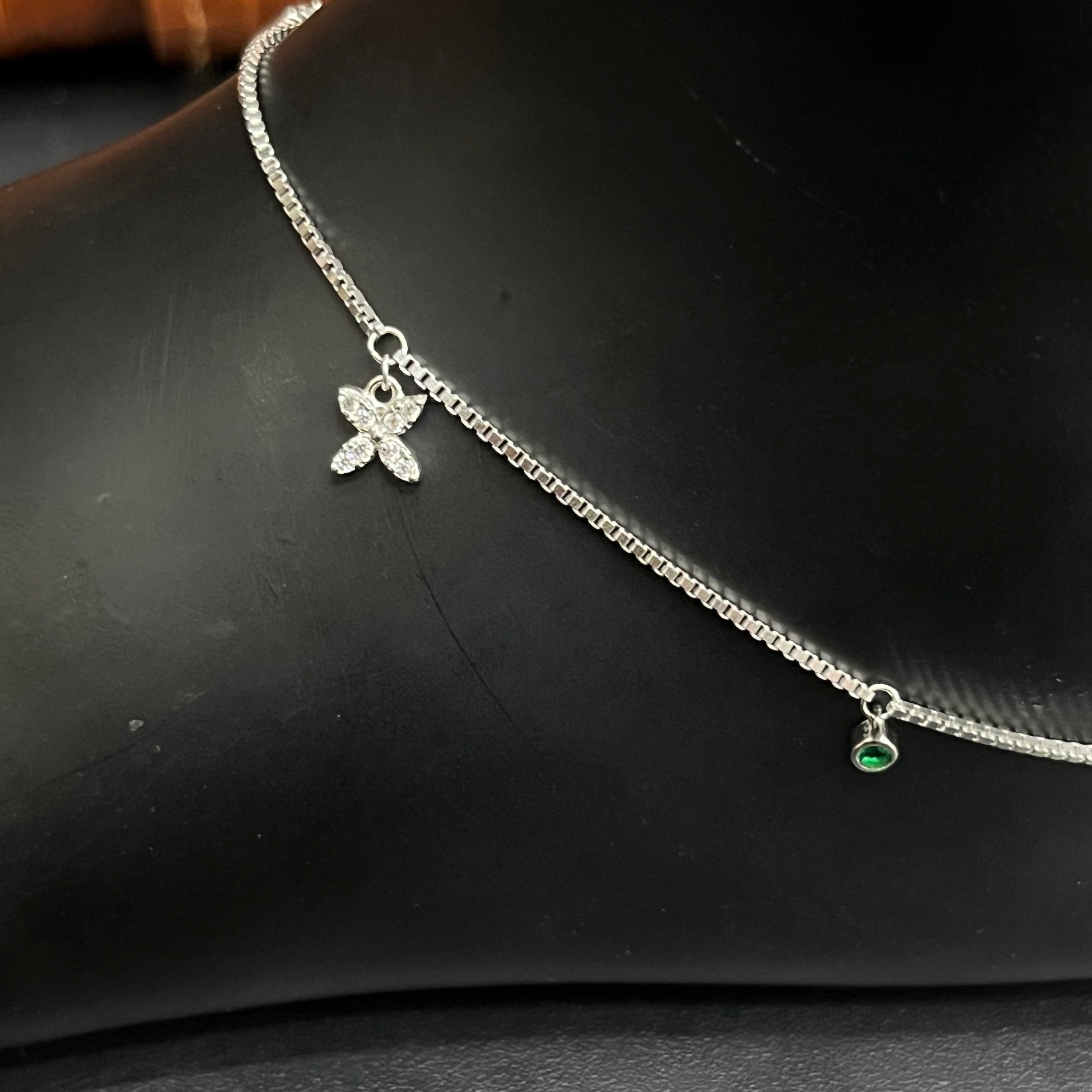 Silver Ladies Anklet Butterfly Grace Green Stone 925