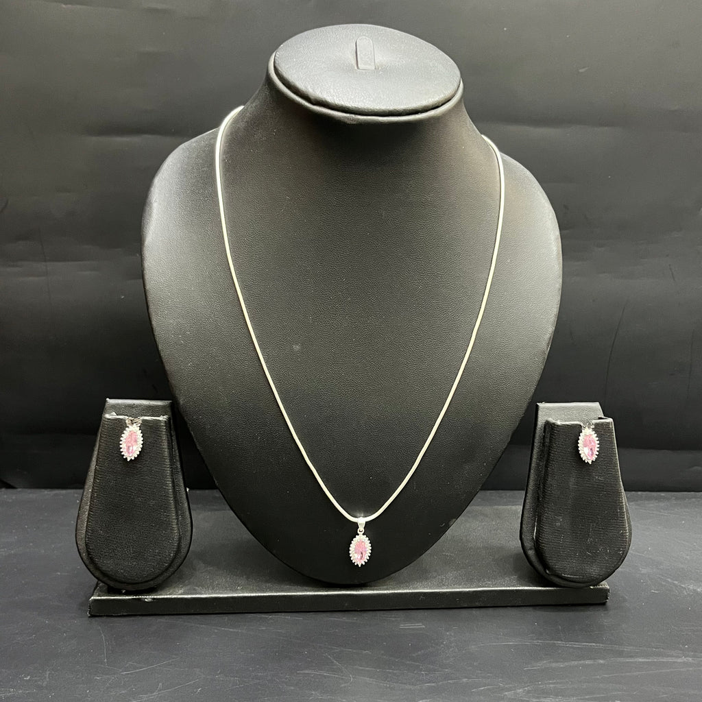 Silver Ladies Pendant Chain Set Pink Crystal Stone 925