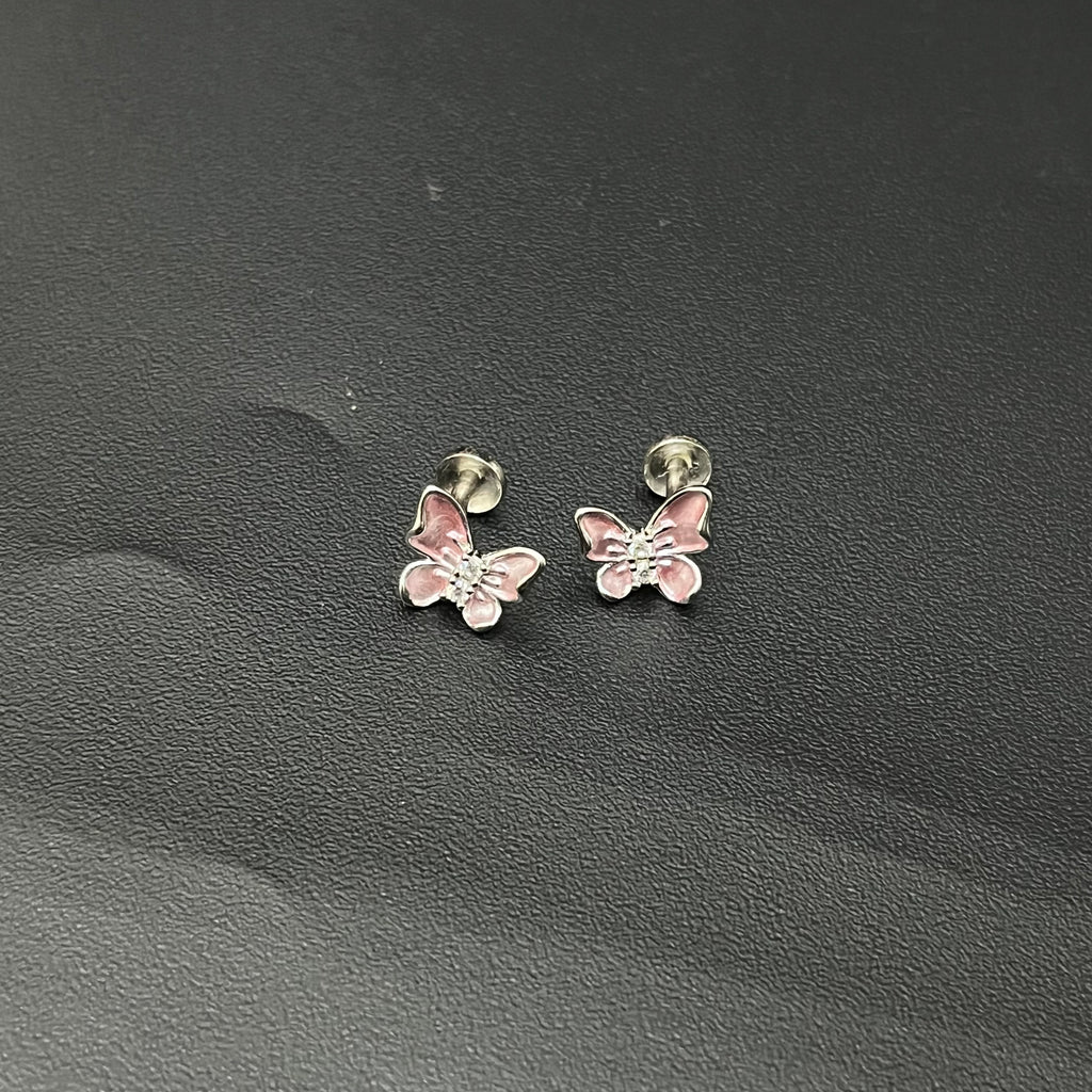 Silver Ladies Stud Butterfly Pink SS 925