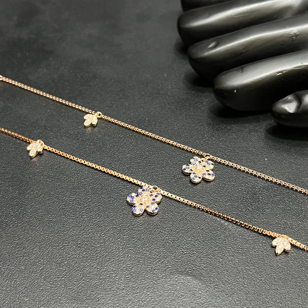 Silver Ladies Anklet Blue Blossom Sparkle Rose Gold 925