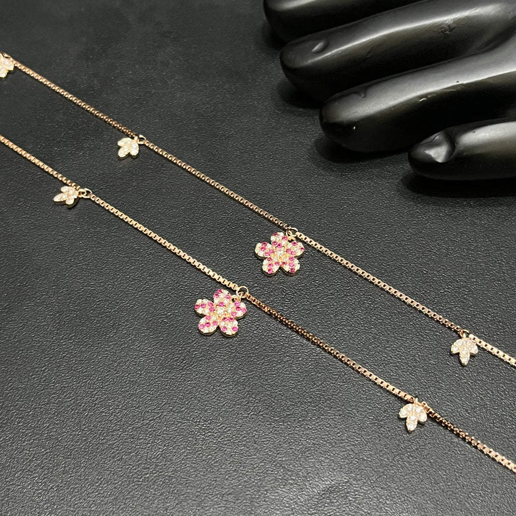 Silver Ladies Anklet Pink Blossom Sparkle Rose Gold 925