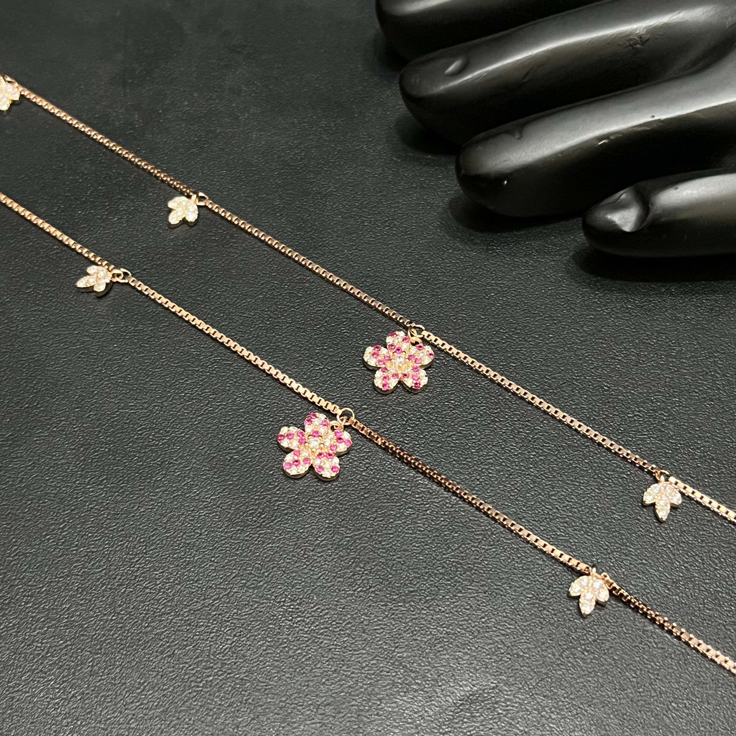 Silver Ladies Anklet Pink Blossom Sparkle Rose Gold 925