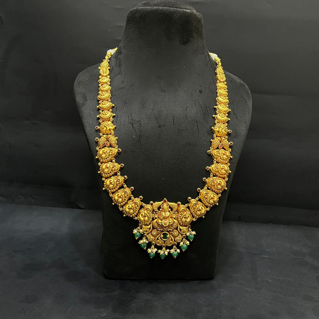 Silver Ladies Necklace And Haram Antique Lakshmi Devi Green Nakshatra Gold Finish 925