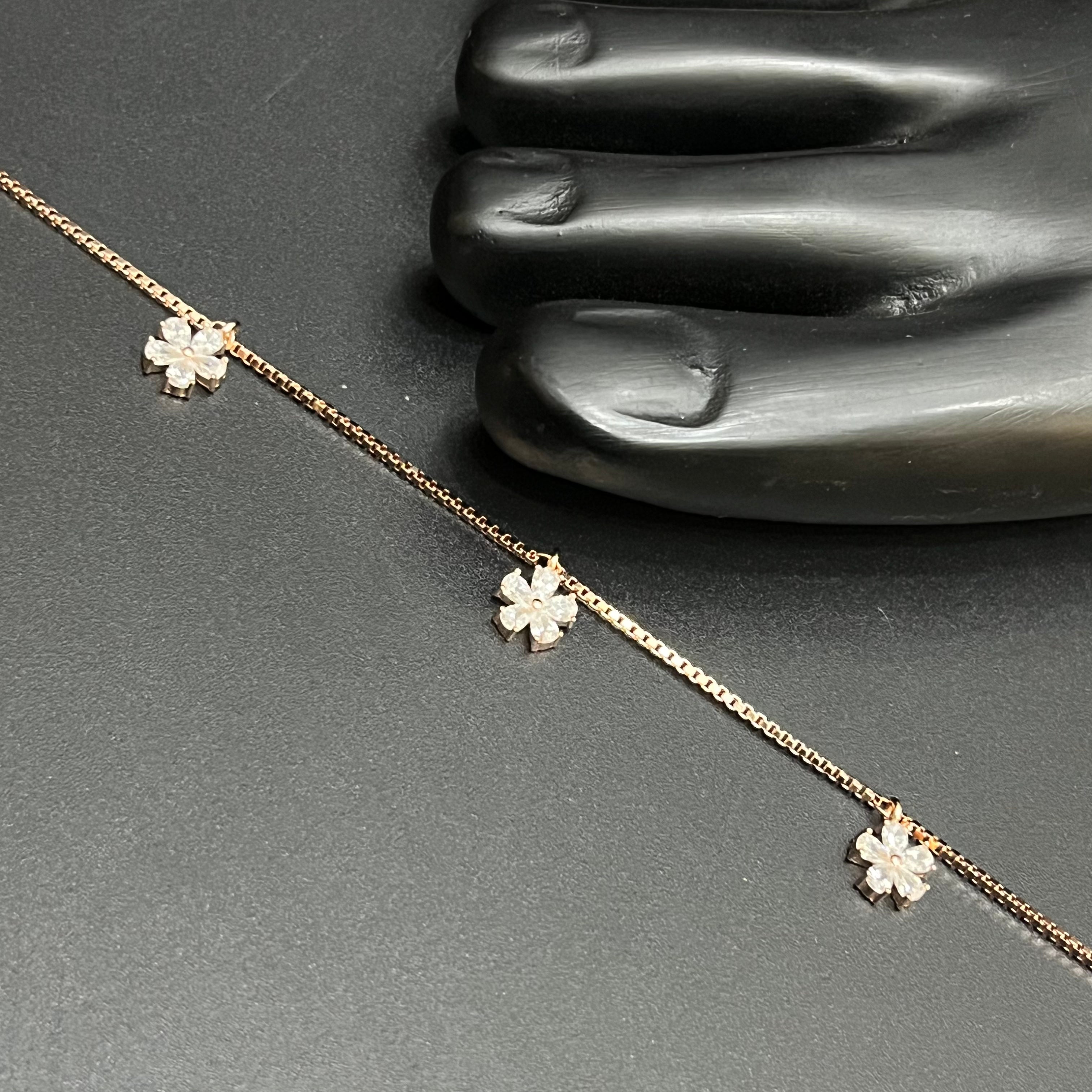 Silver Ladies Anklet Petal Leaf Drops Rose Gold 925