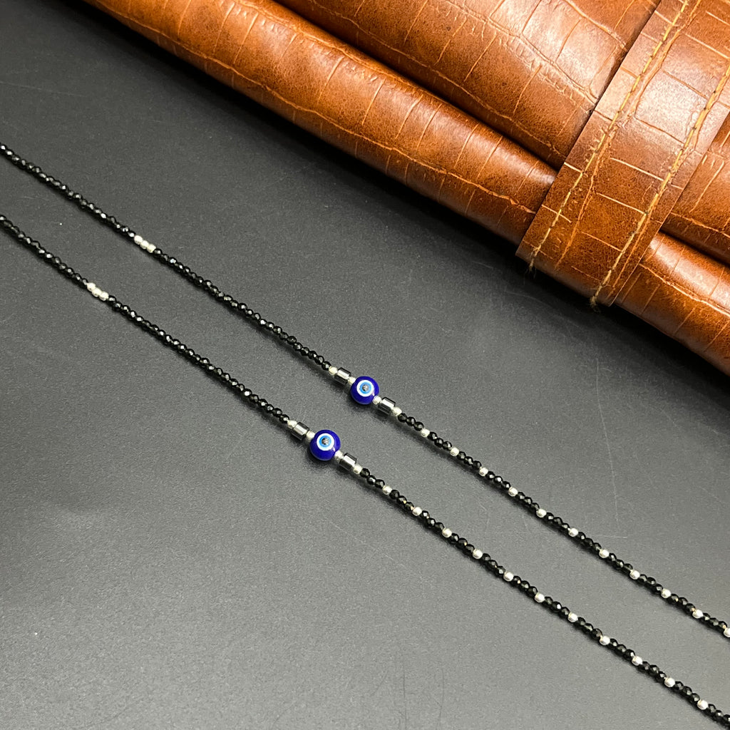 Silver Ladies Anklet Black Beeds Evil Eye 925