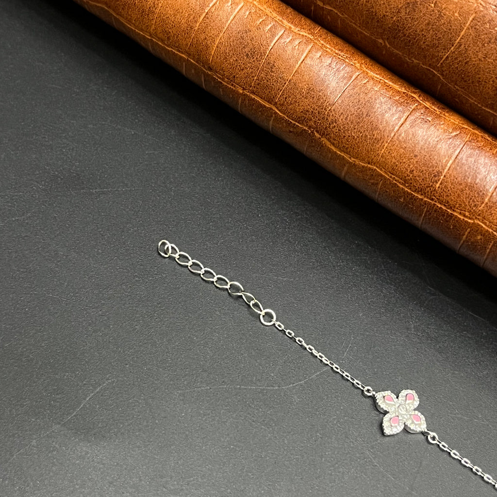 Silver Ladies Bracelet Floral Pink Crystal 925