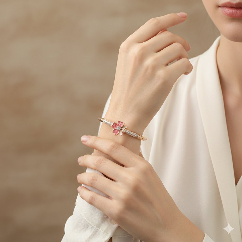 Silver Ladies Kada Flower Pink Rosegold