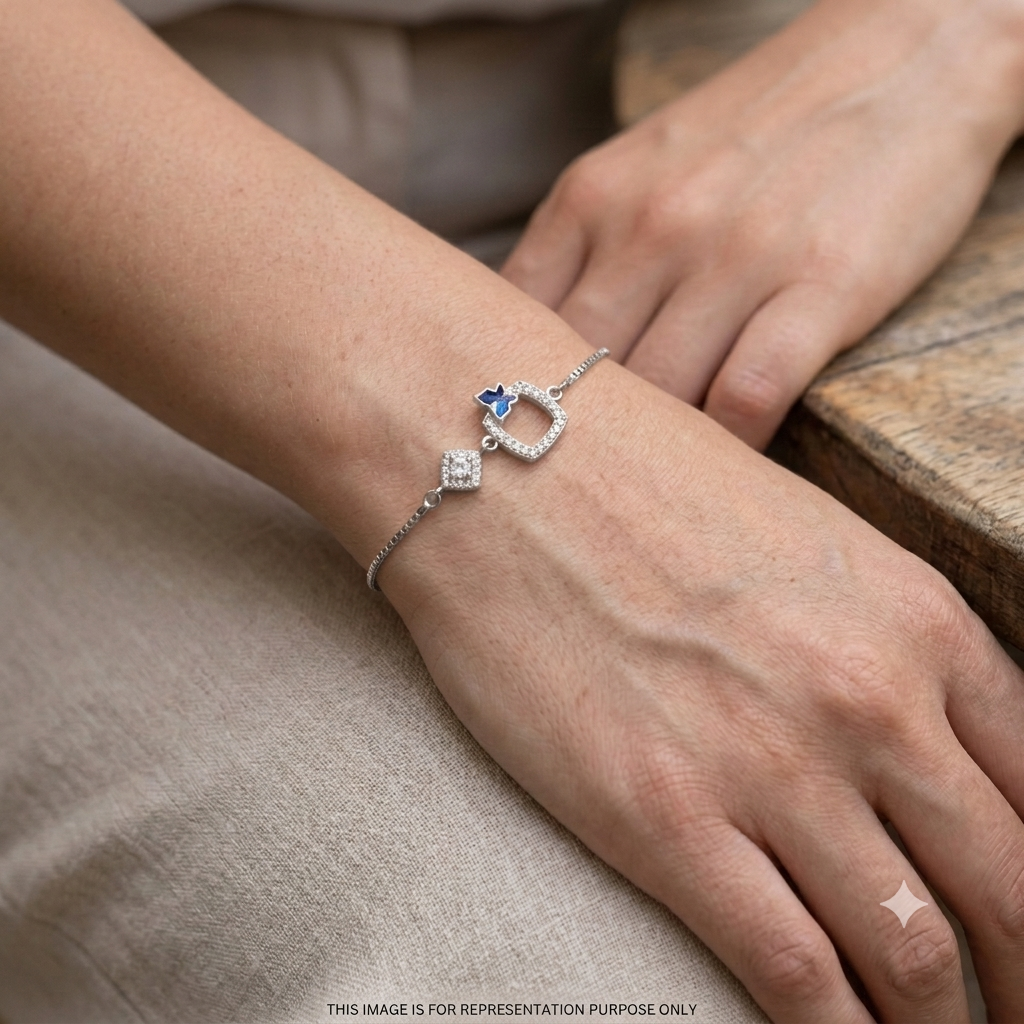Silver Ladies Bracelet Royal Square Crystal Butterfly 925