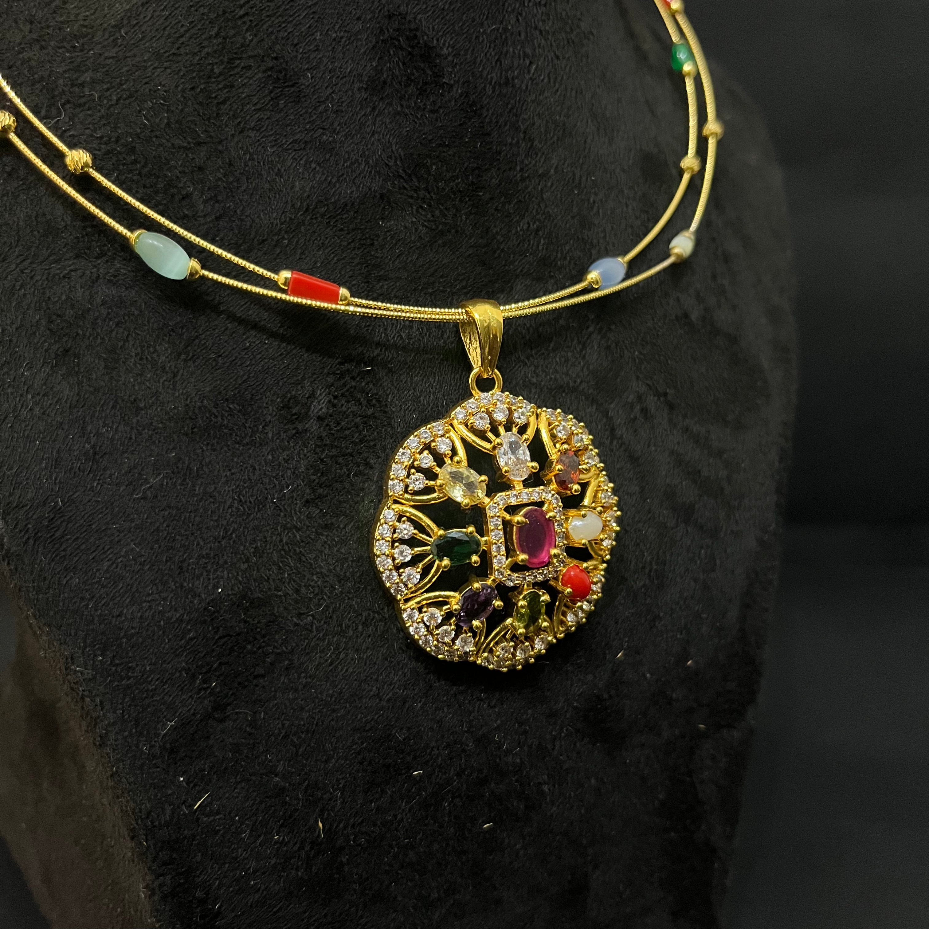 Silver Necklace Gold Finished Navratna Stones DS01