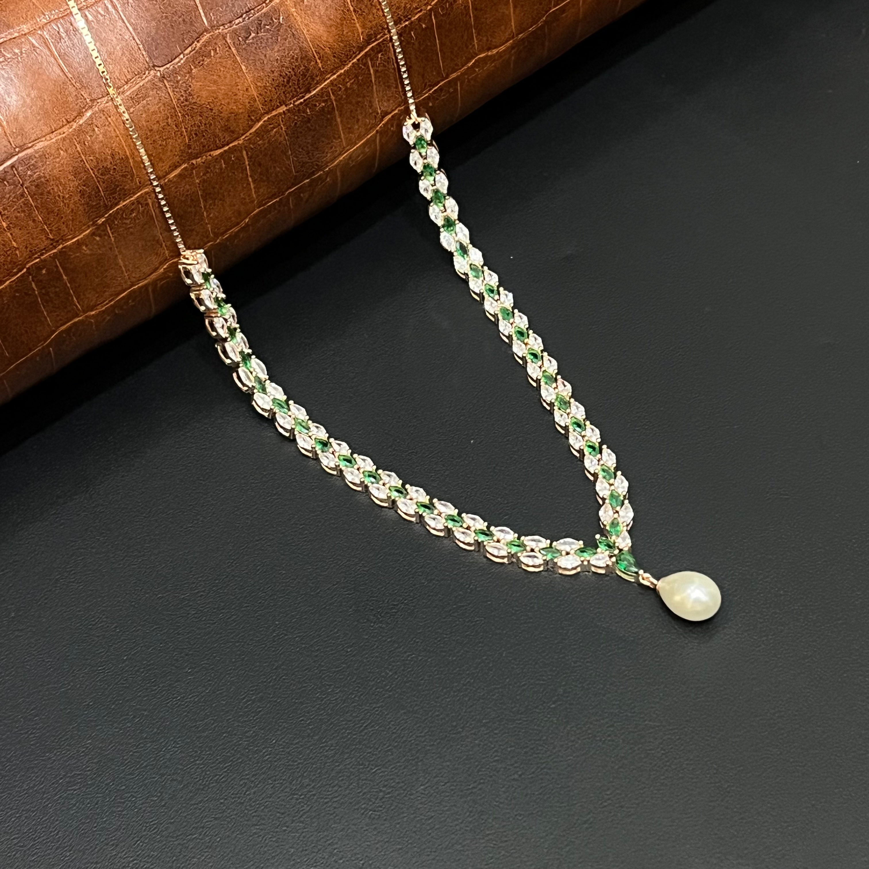 Silver Necklace American Diamond White & Green Stone Rosegold Finished