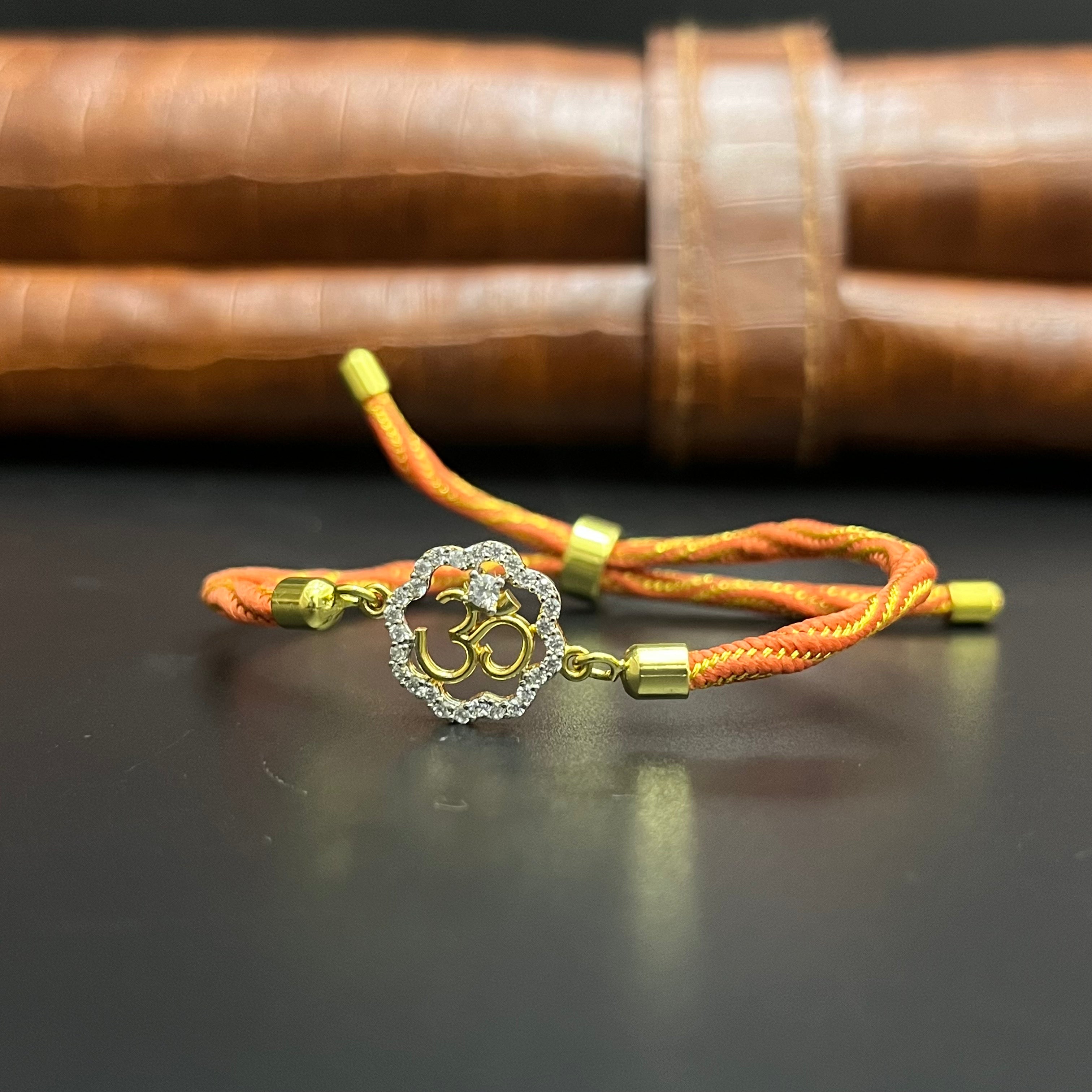 Silver Rakhi Band OM Floral Gold Polish 925