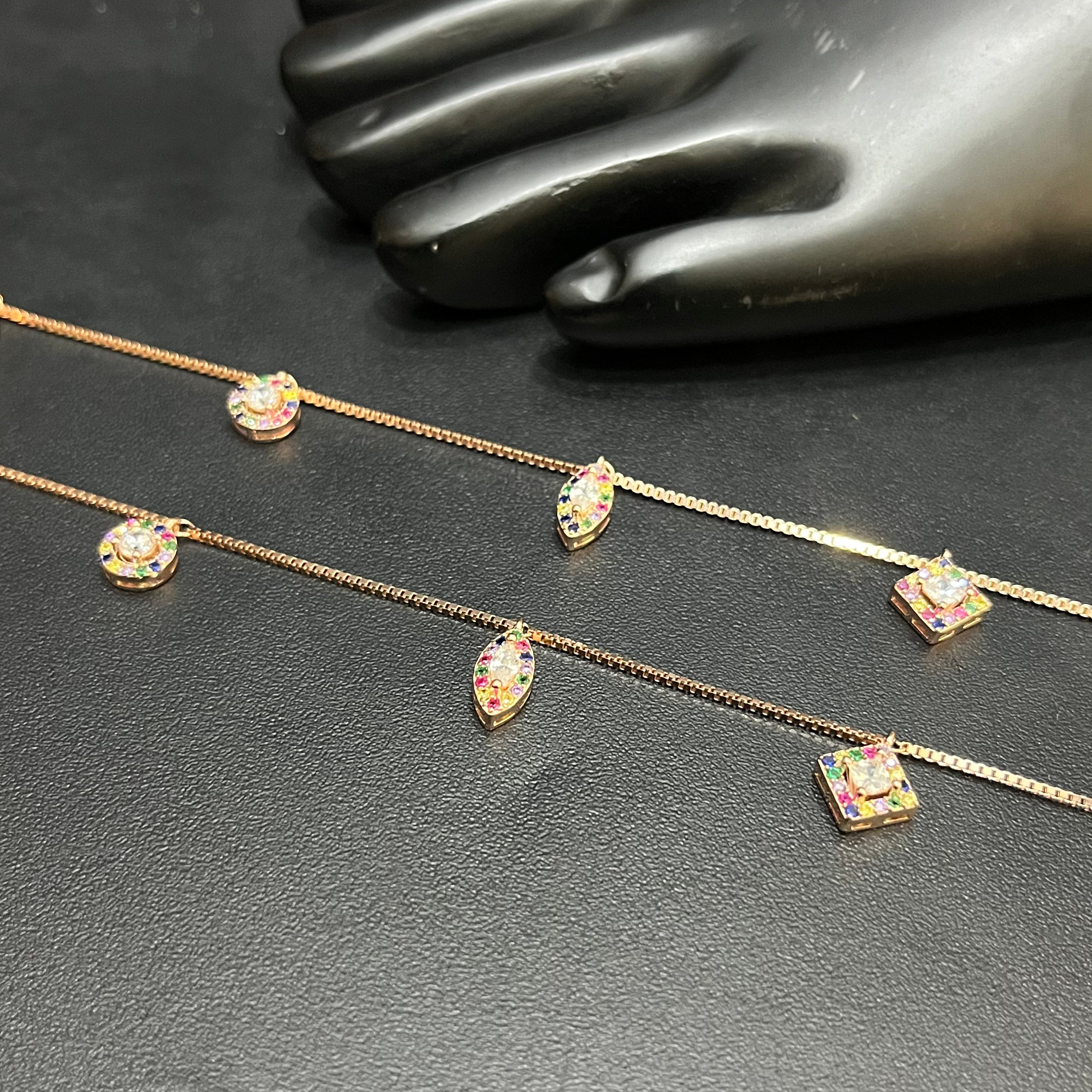 Silver Ladies Anklet Luxury Multicolor Stone Charms Rose Gold 925
