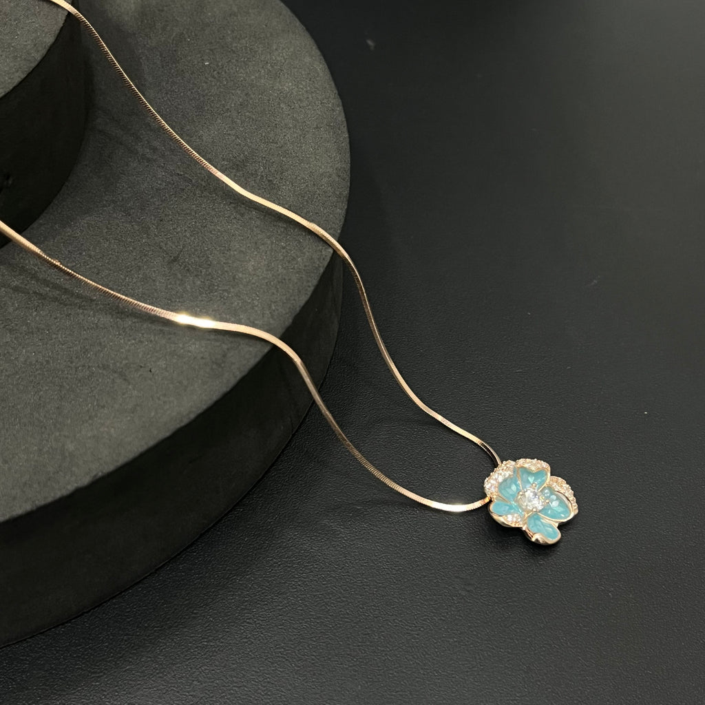 Silver Ladies Pendant Chain Blue Floral Rosegold