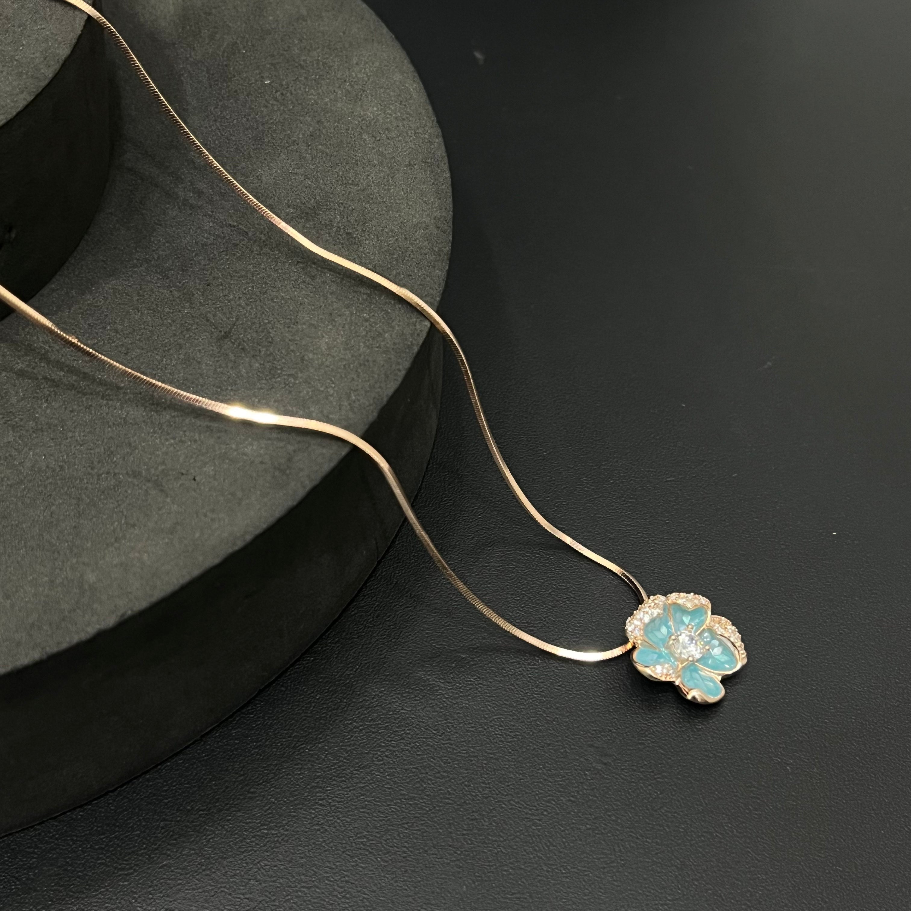 Silver Ladies Pendant Chain Blue Floral Rosegold