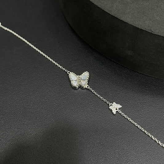 Silver Ladies Bracelet White Pearl Butterfly